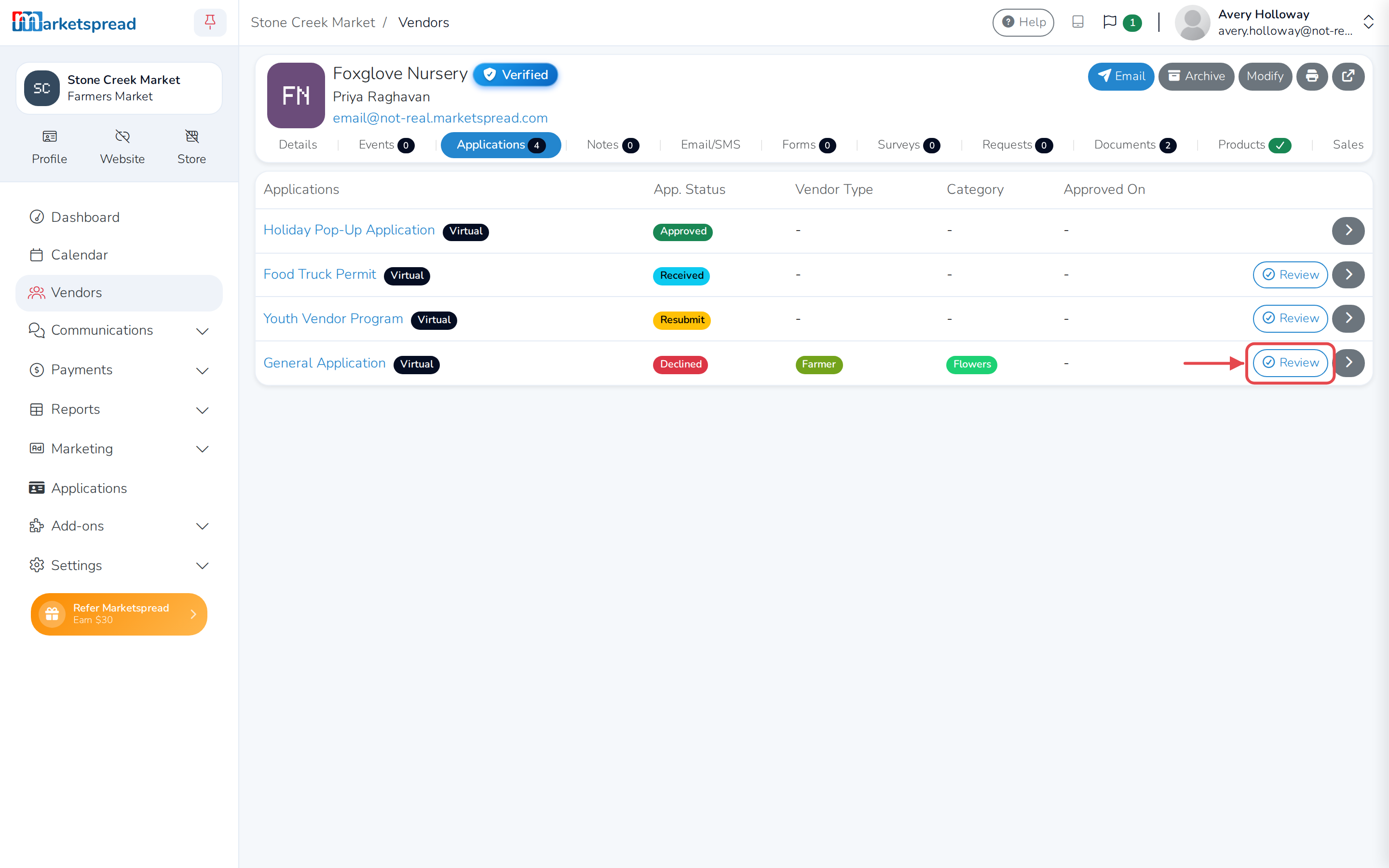 The Applications tab, with the declined application and its Review button