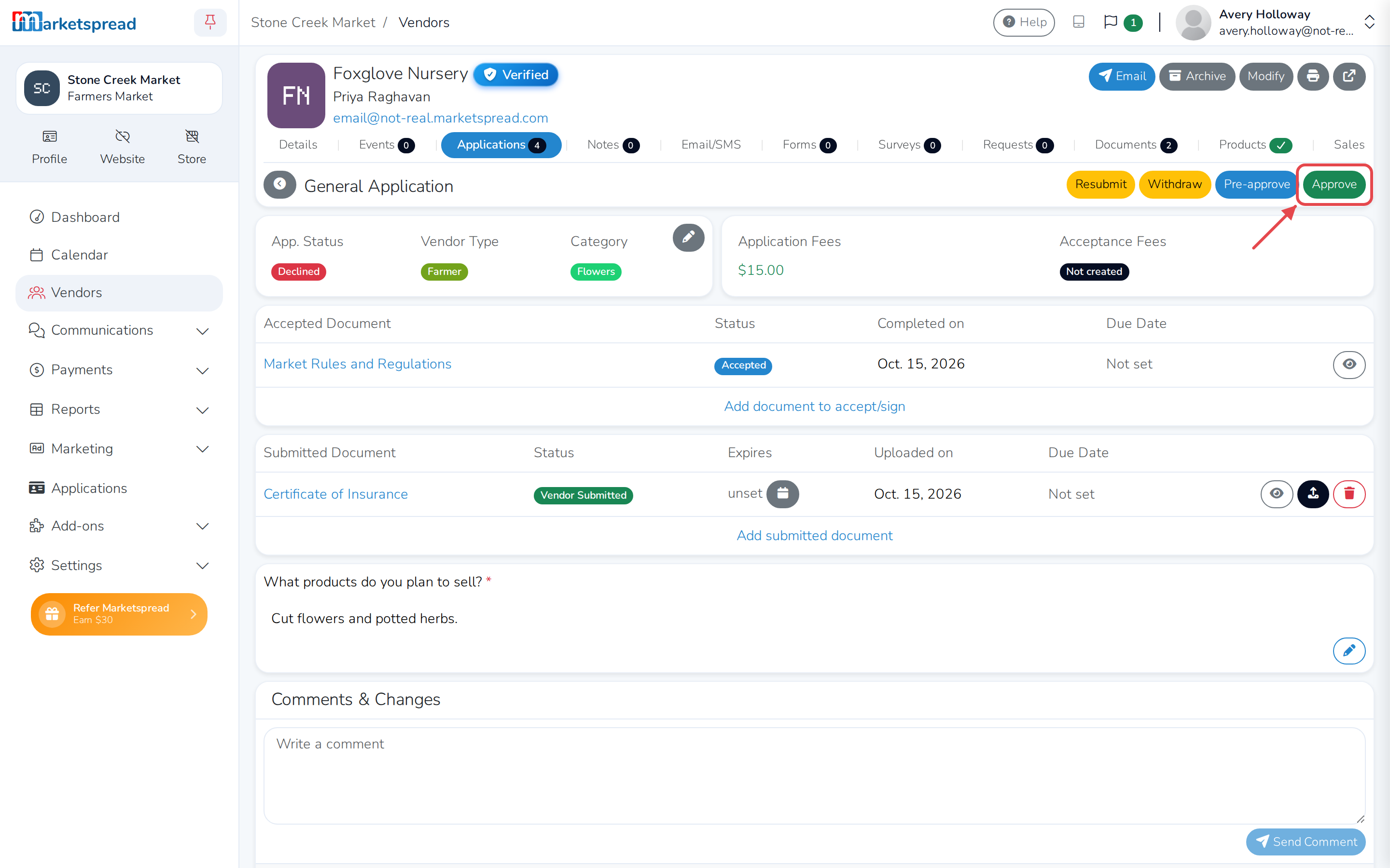 The application review page, showing the Declined status and the Approve button