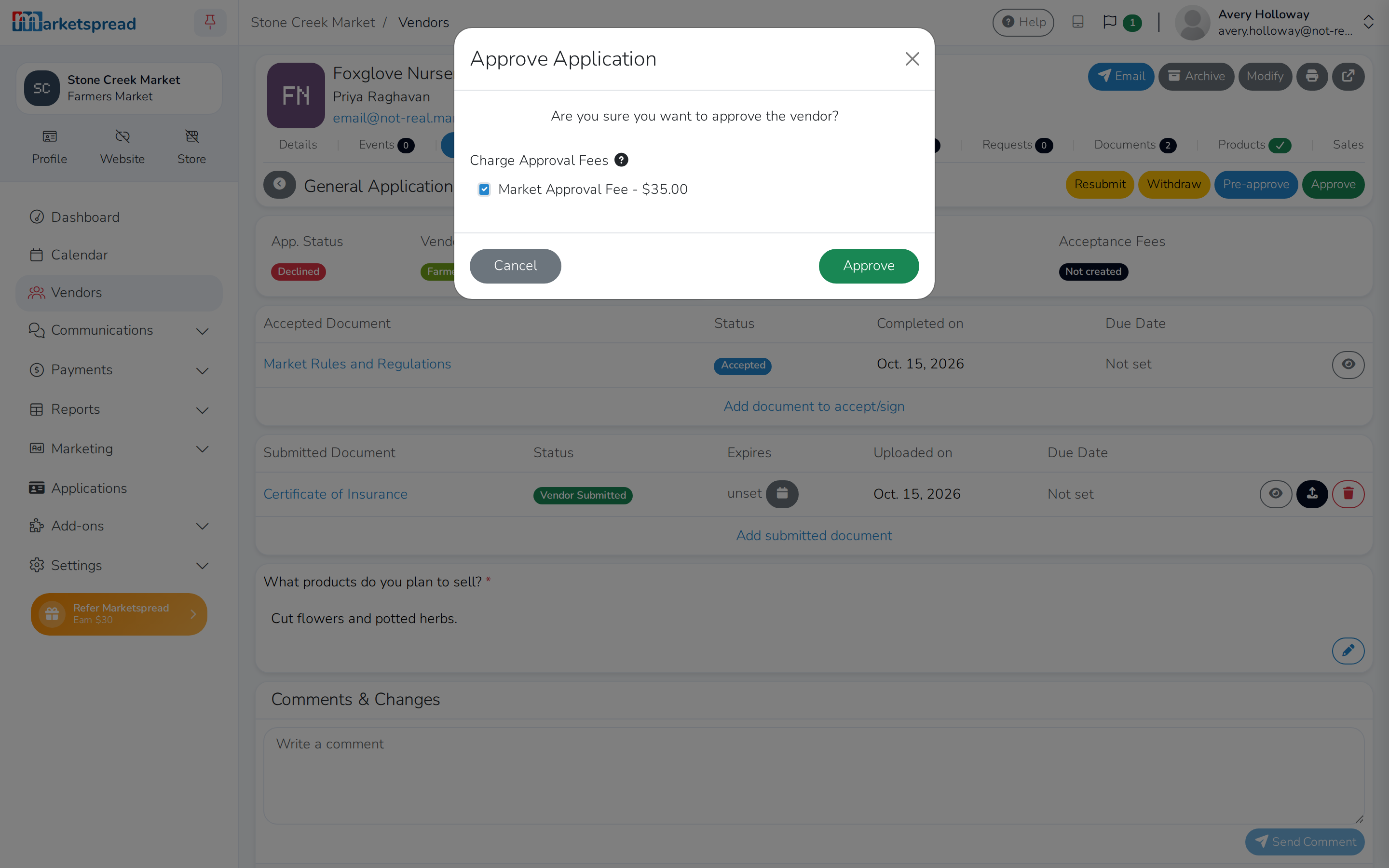 The Approve Application confirmation, with the Market Approval Fee checked