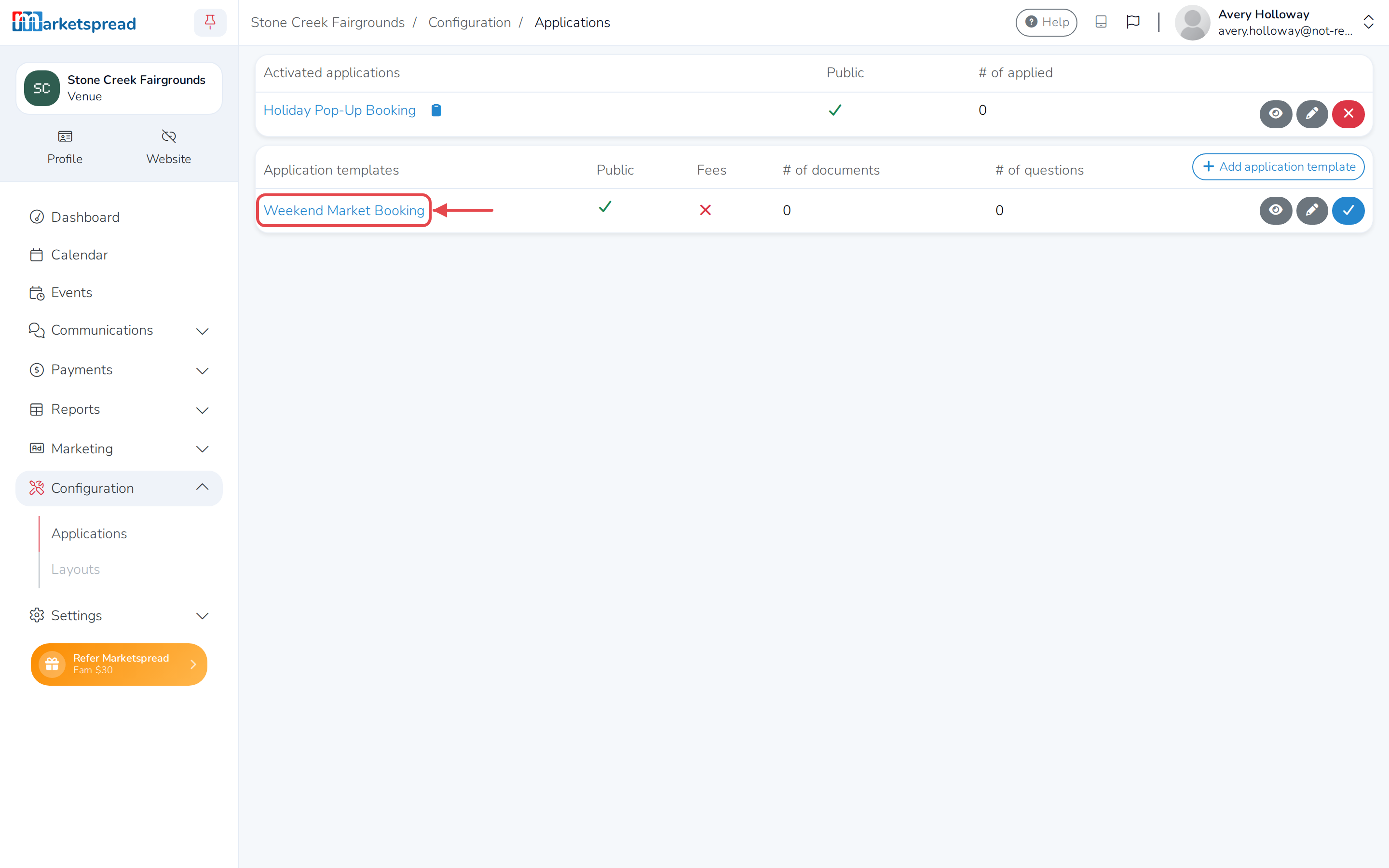 The Applications list, under Configuration, with an application template