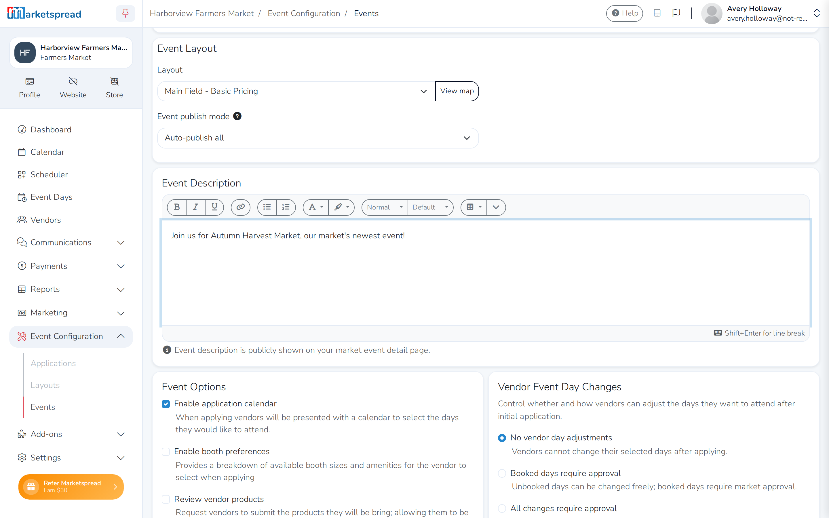 The new event's form, with Vendor Application and Main Field chosen