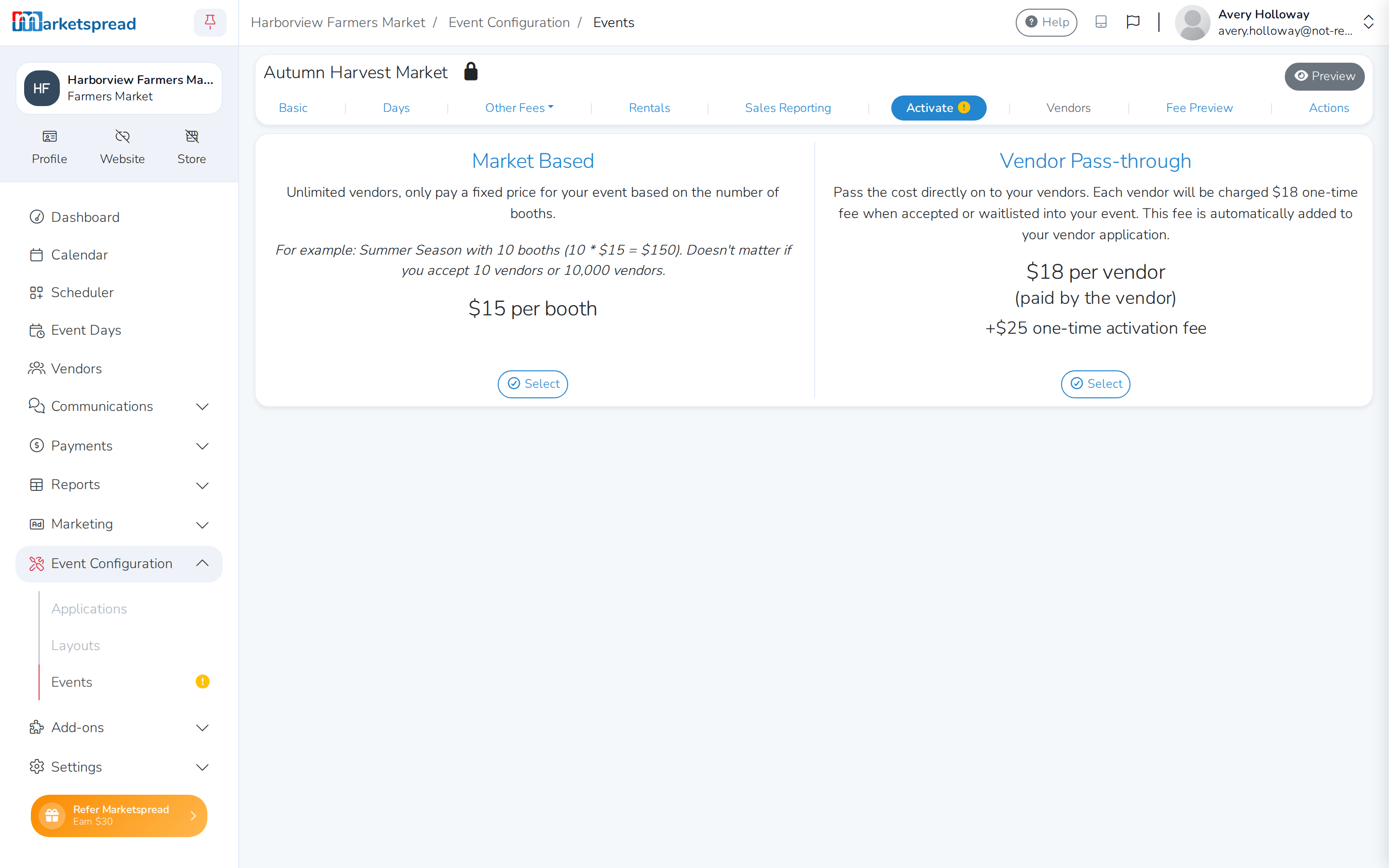 The Activate tab, comparing the Market Based and Vendor Pass-through activation fees