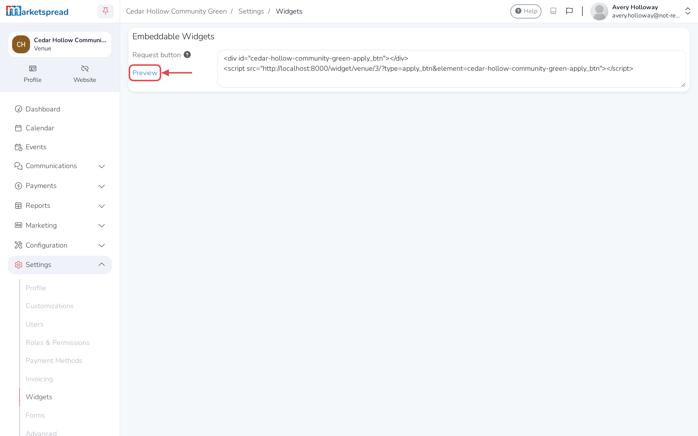 The Widgets page, with Preview next to Request button