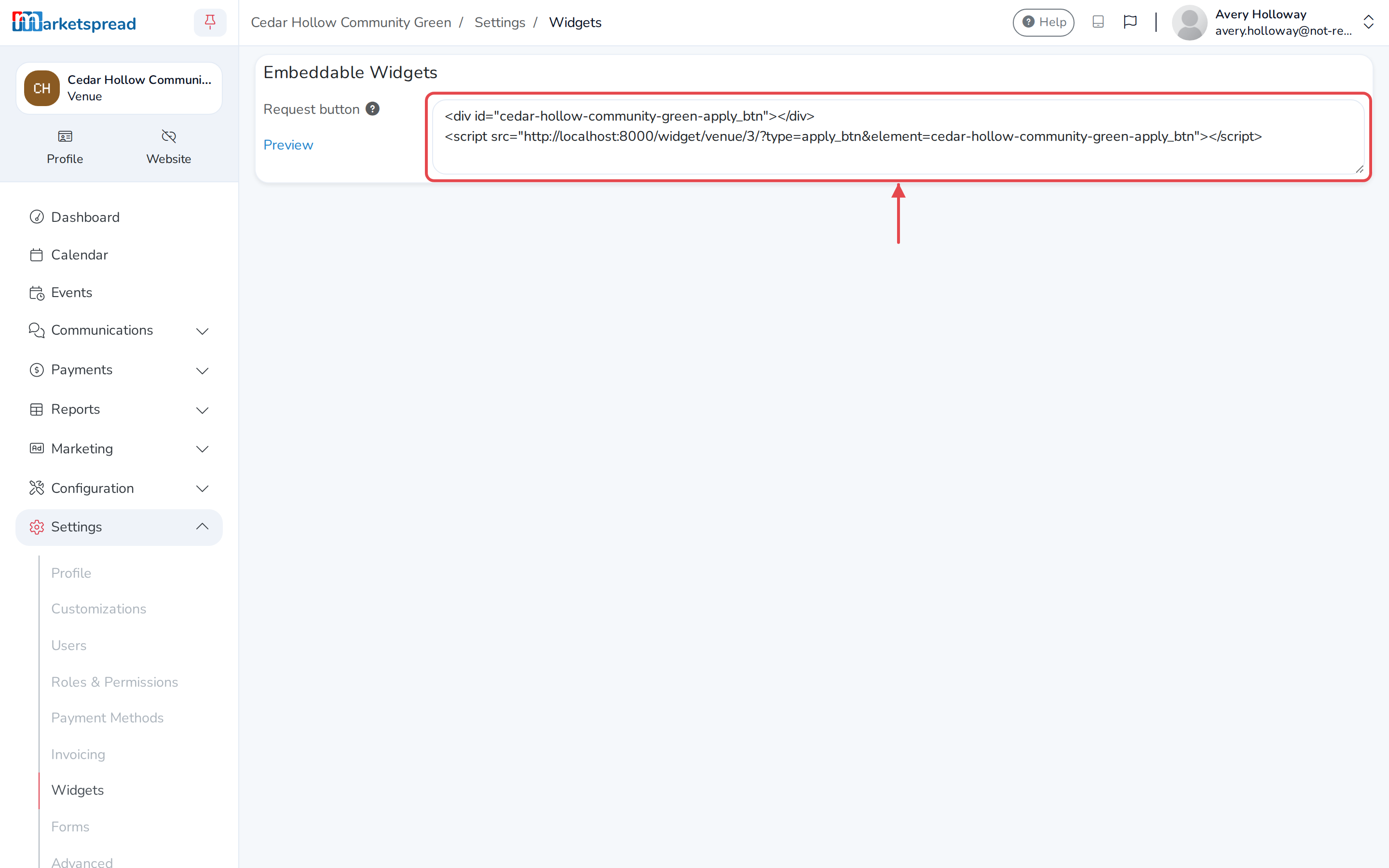 The code to paste into your website, under Request button