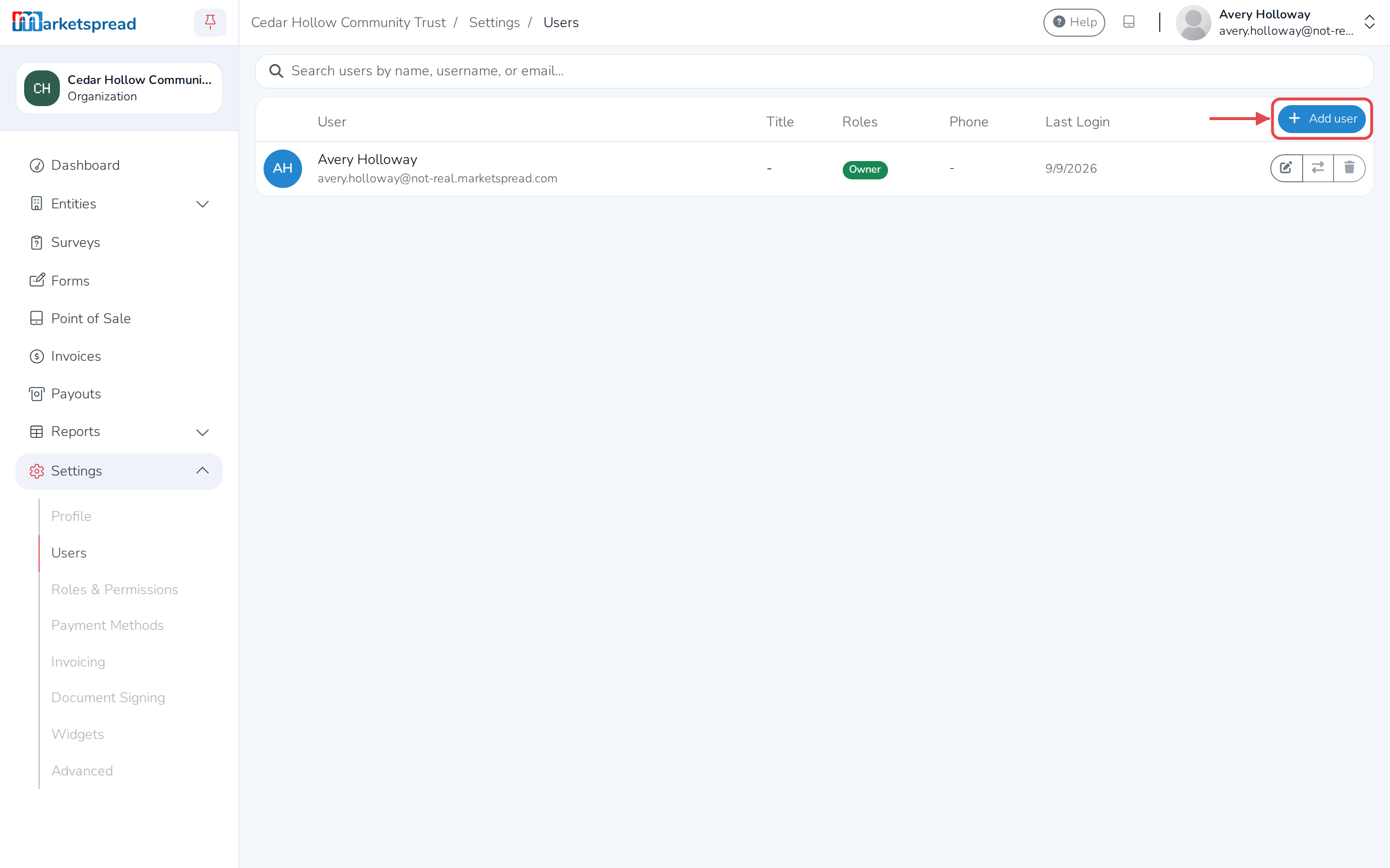 The Users page, with the Add user button