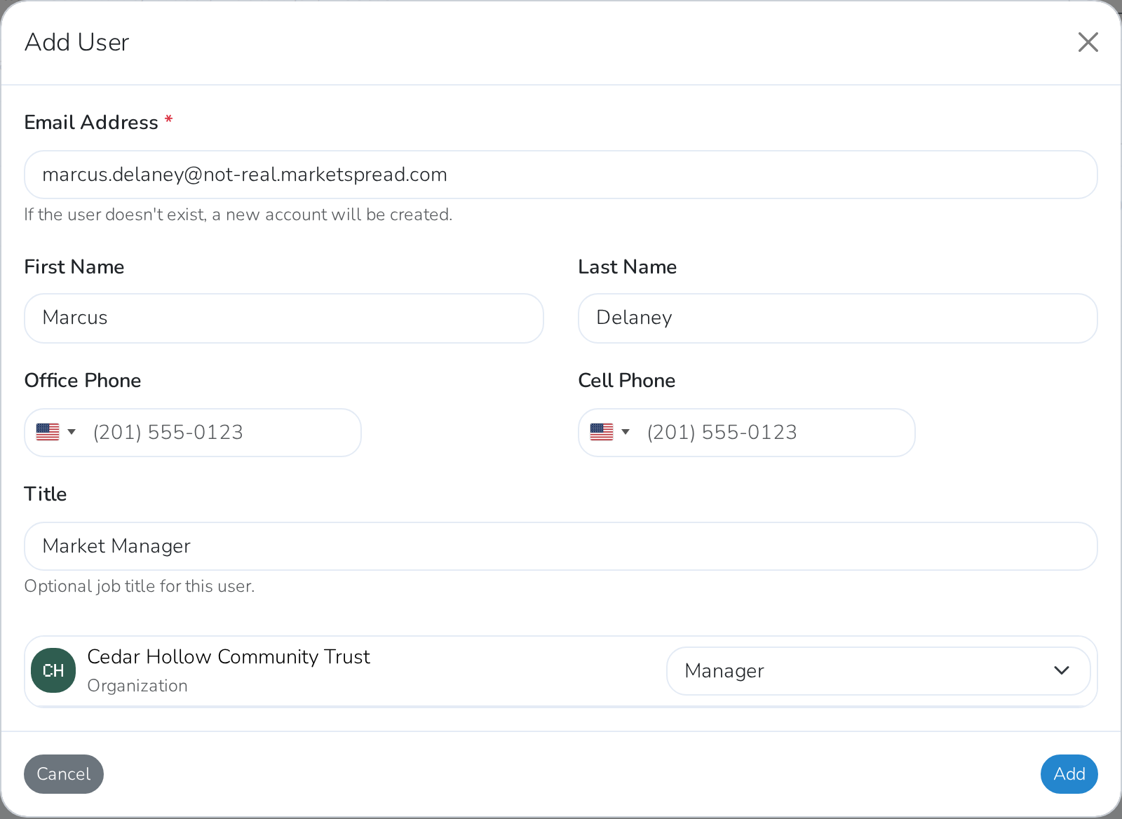 The Add User form, filled in with the new employee's details and role