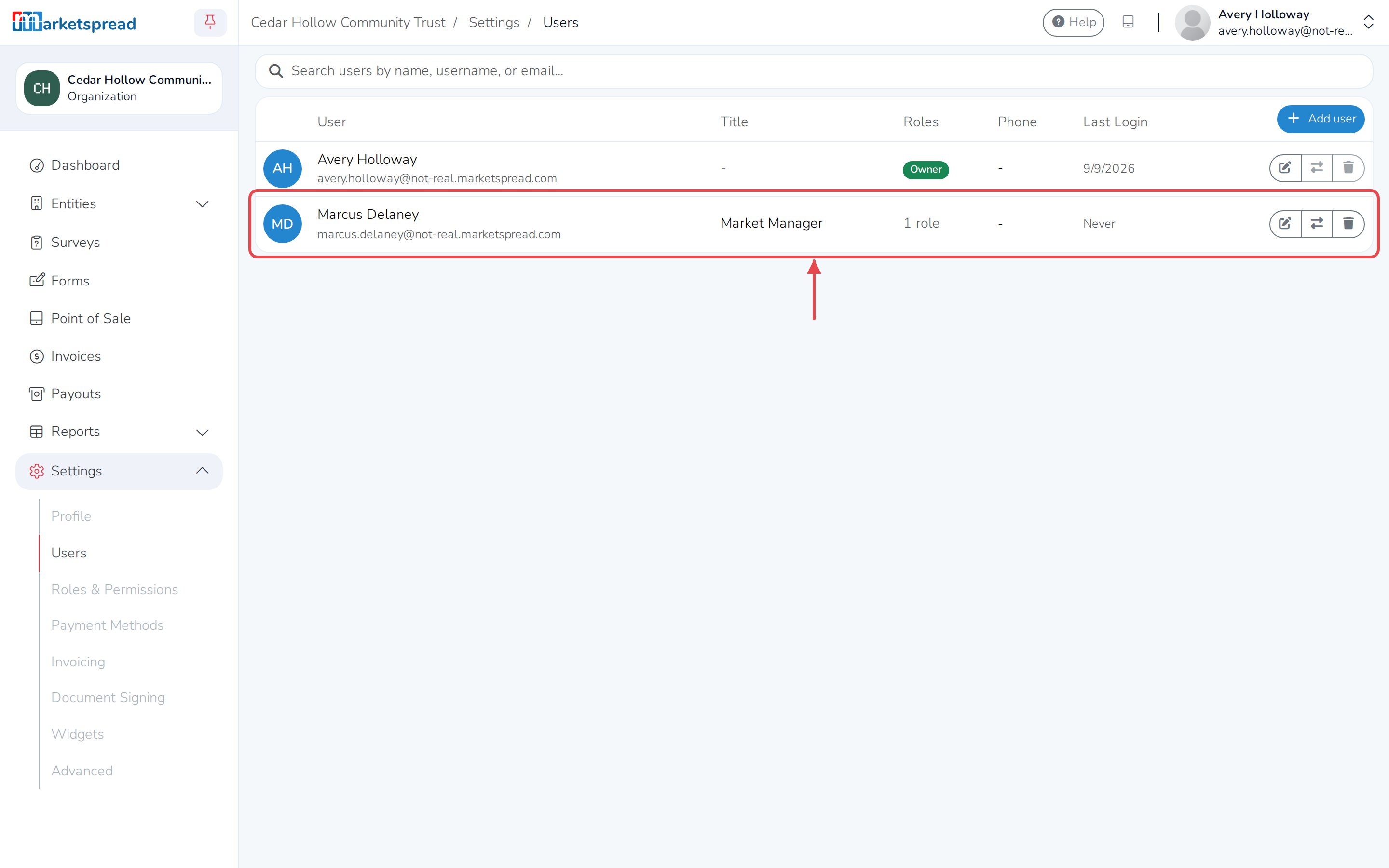 The new employee on the Users page, with their assigned role