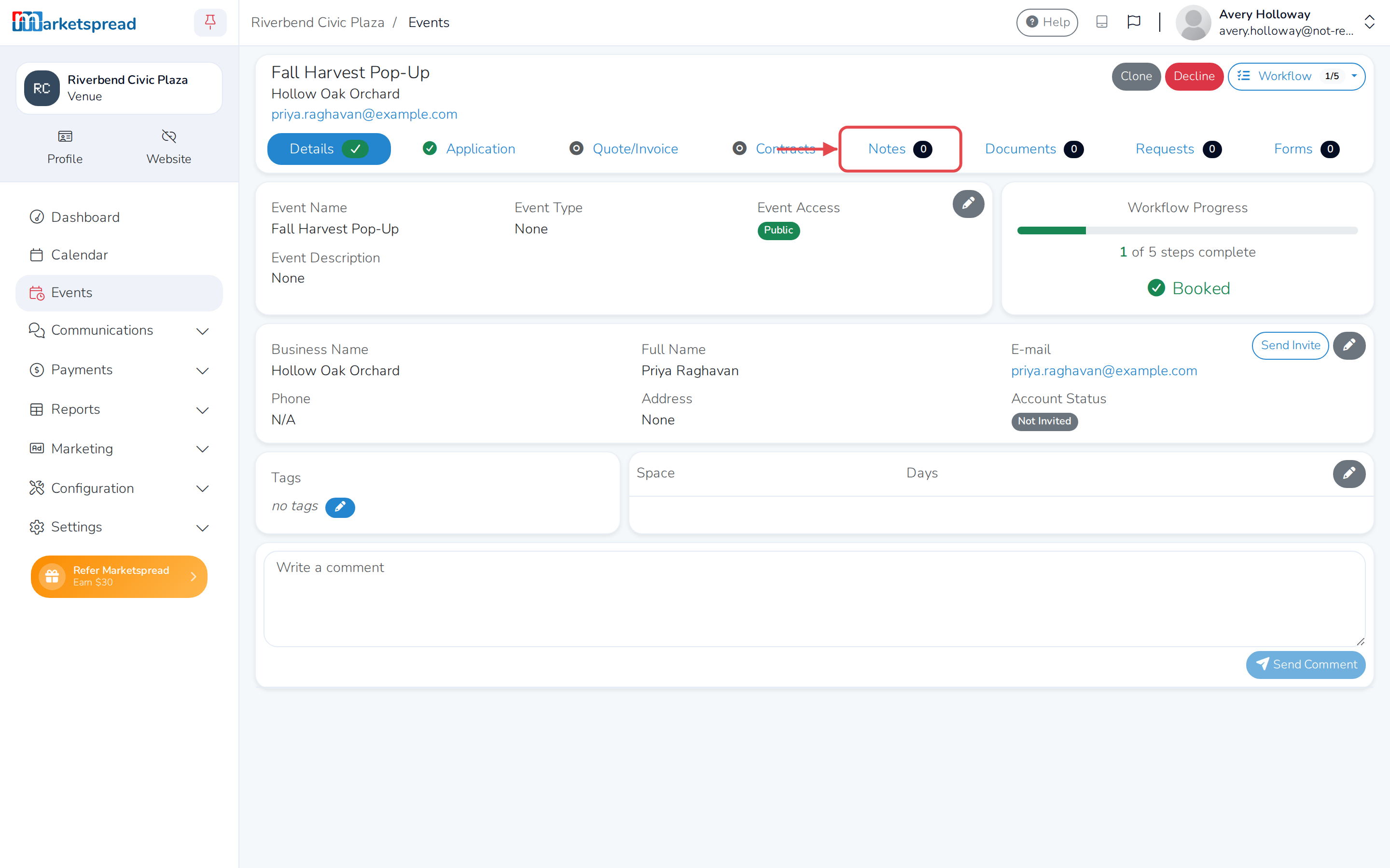 A booking's page, with the Notes tab in its row of tabs