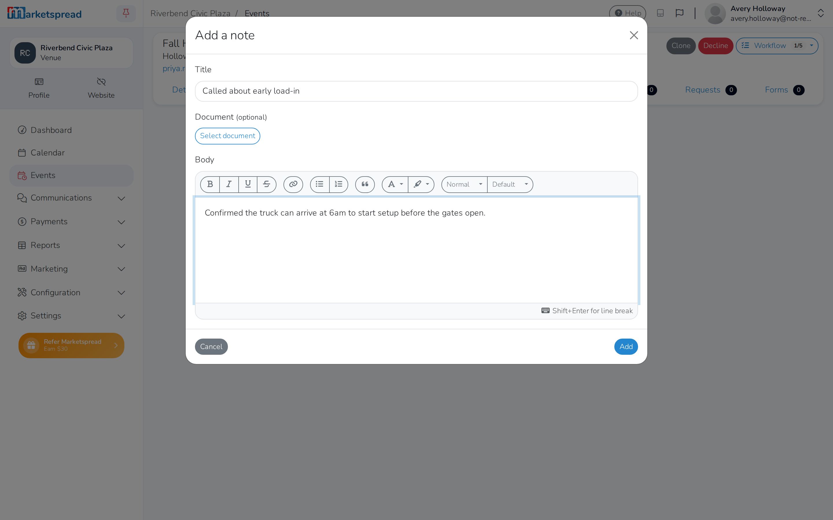 The Add a note form, with a title and body filled in
