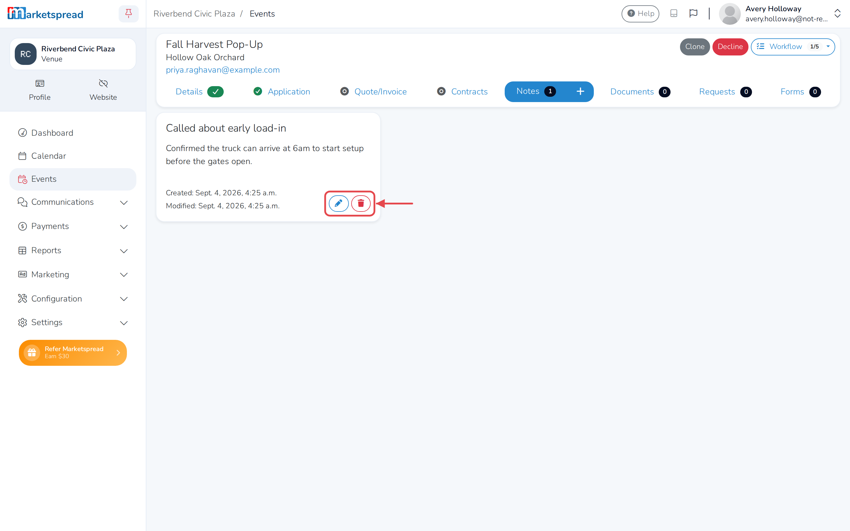 The new note on the Notes tab, with its edit and delete icons