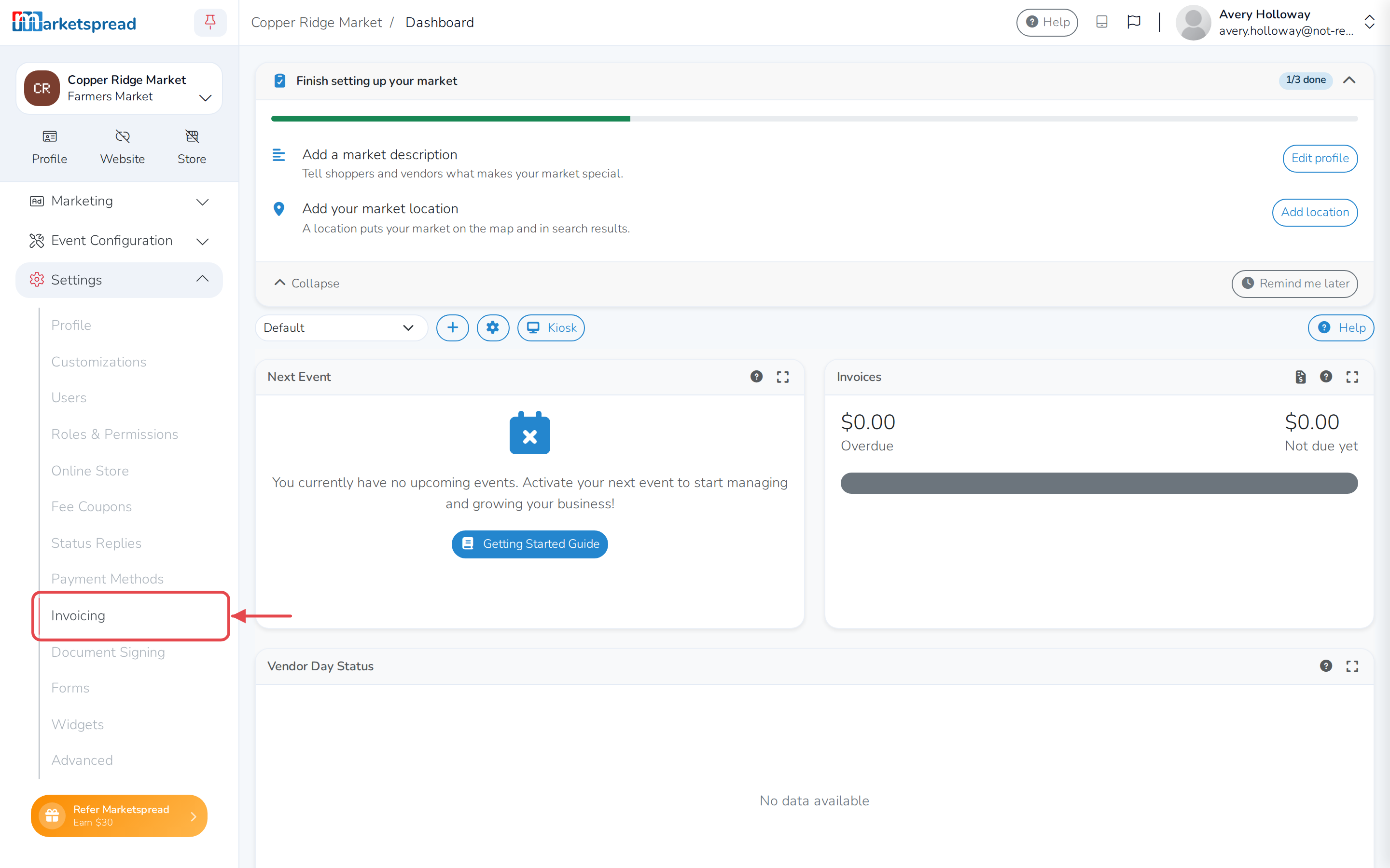 The Settings menu, open to Invoicing