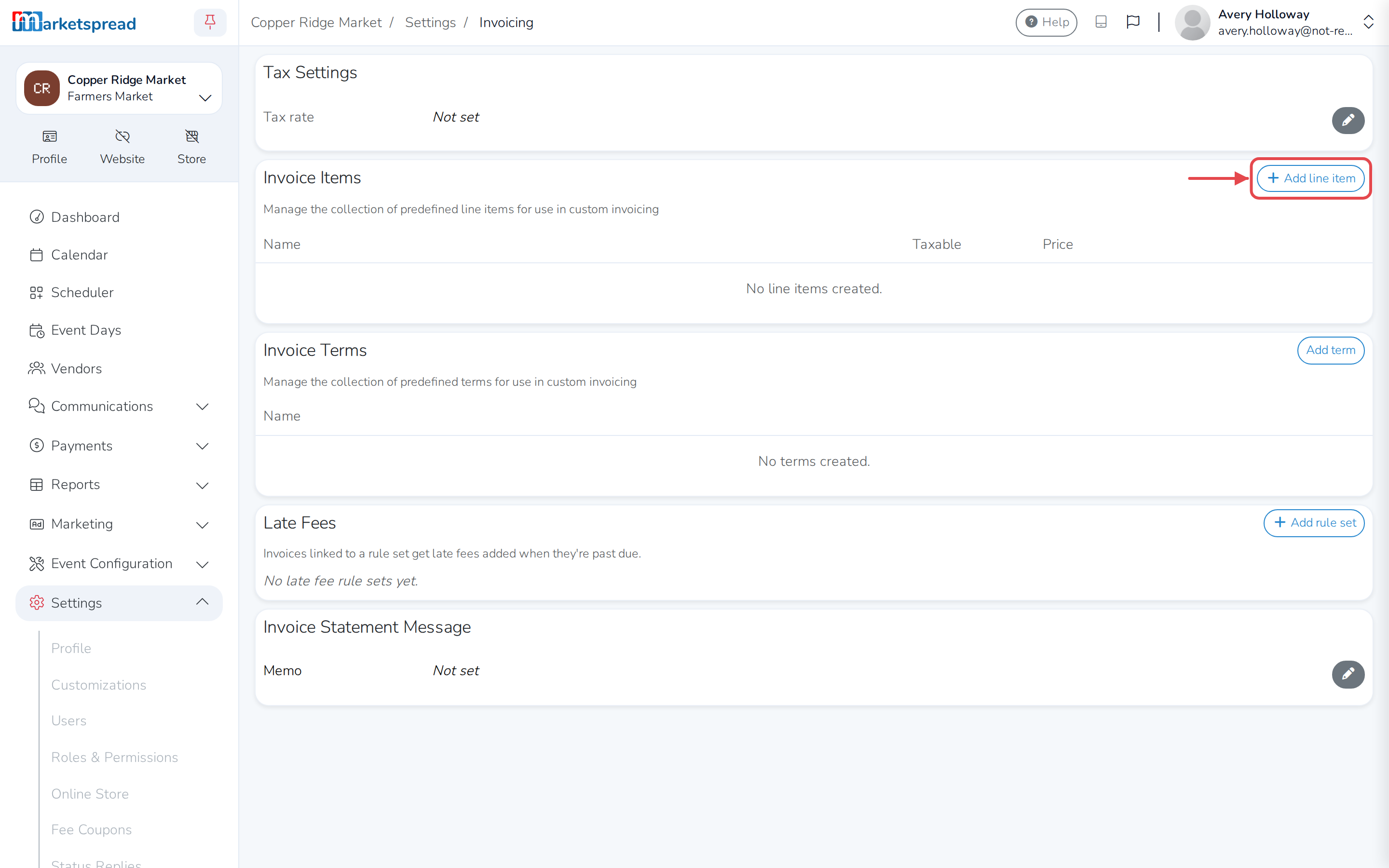 The Invoicing page, with Add line item in the top right of Invoice Items