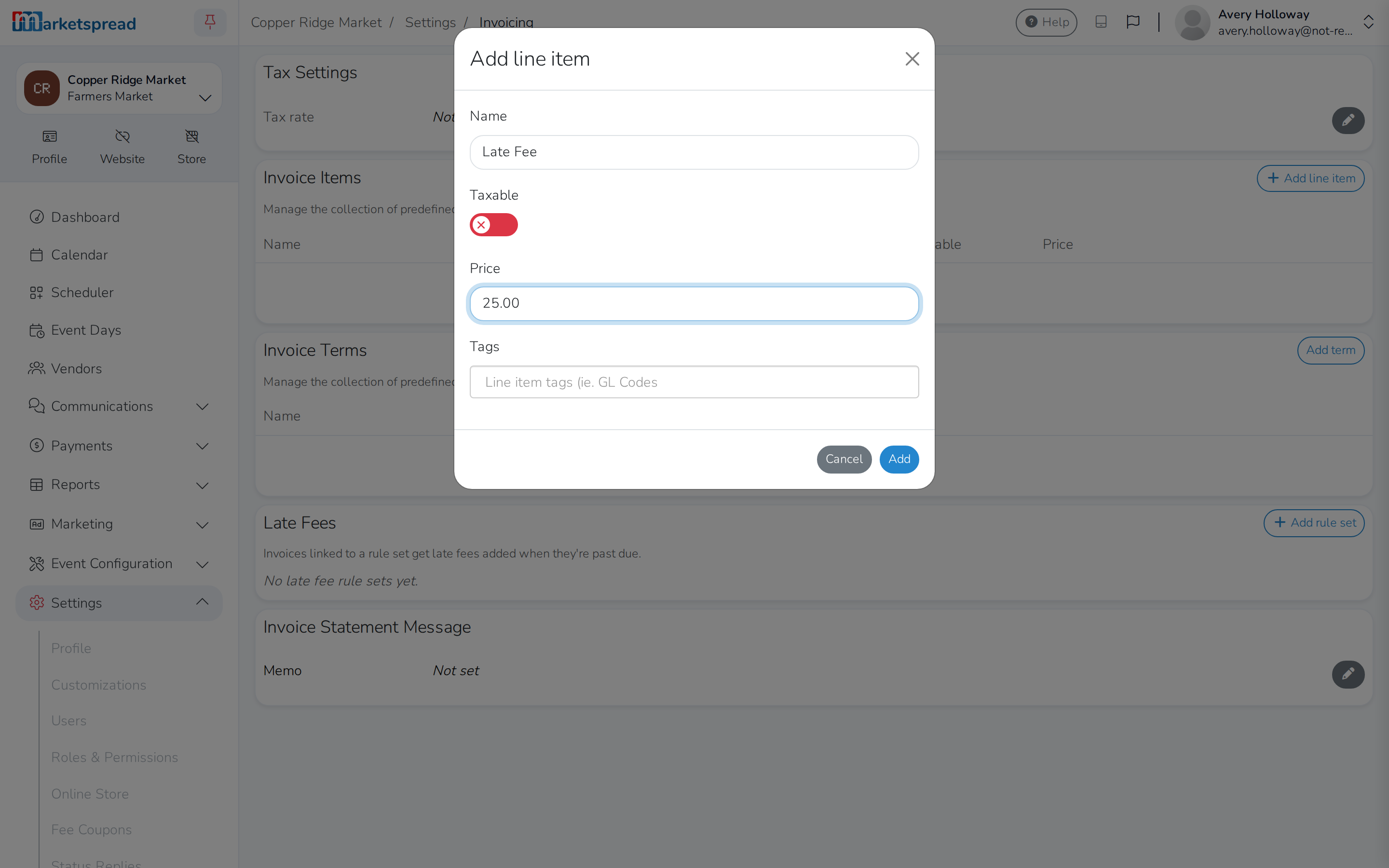 The Add line item form, filled in for the late fee