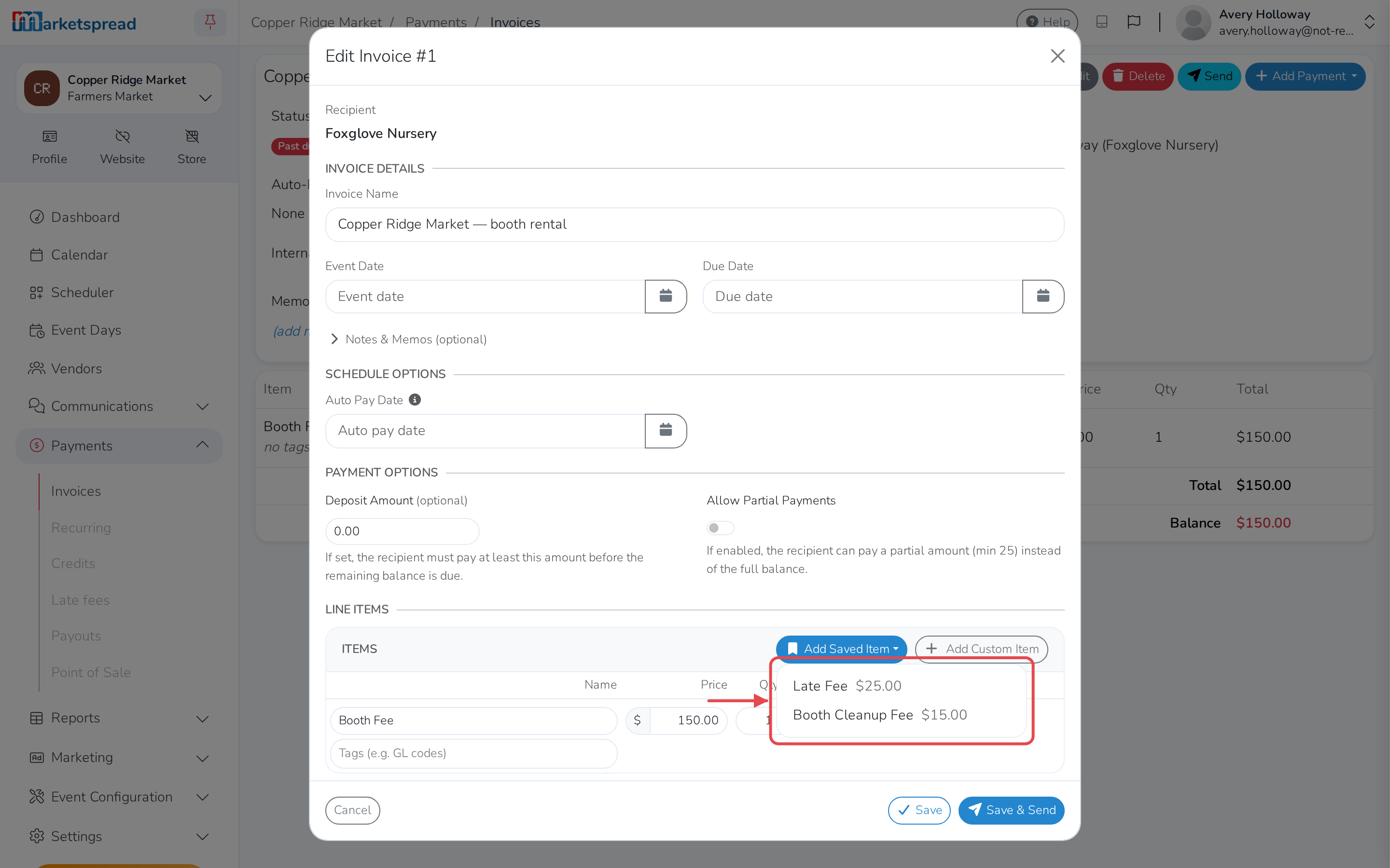 The invoice being edited, with Add Saved Item open to the saved line items
