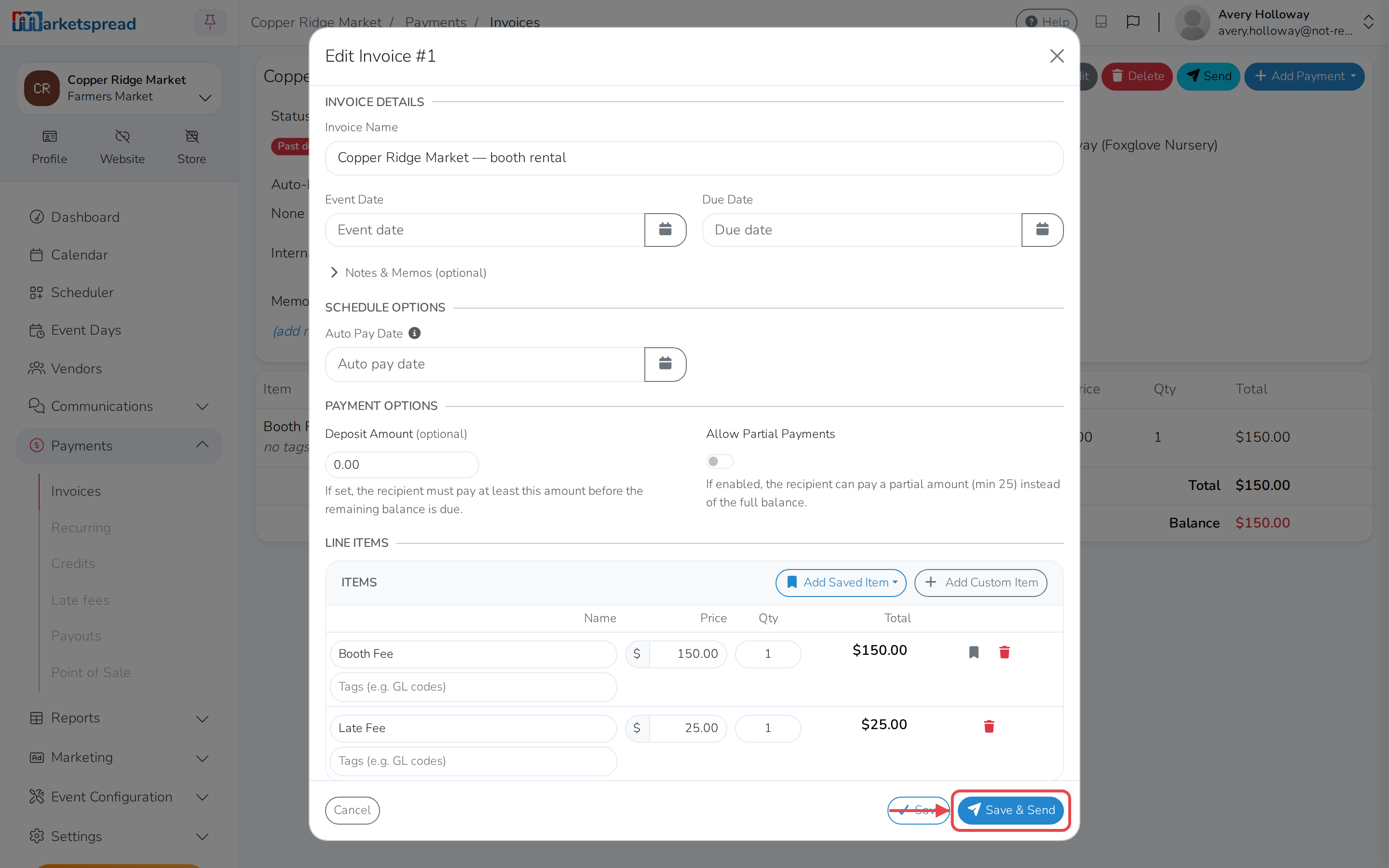 The invoice with the late fee added, and Save & Send ready to email it