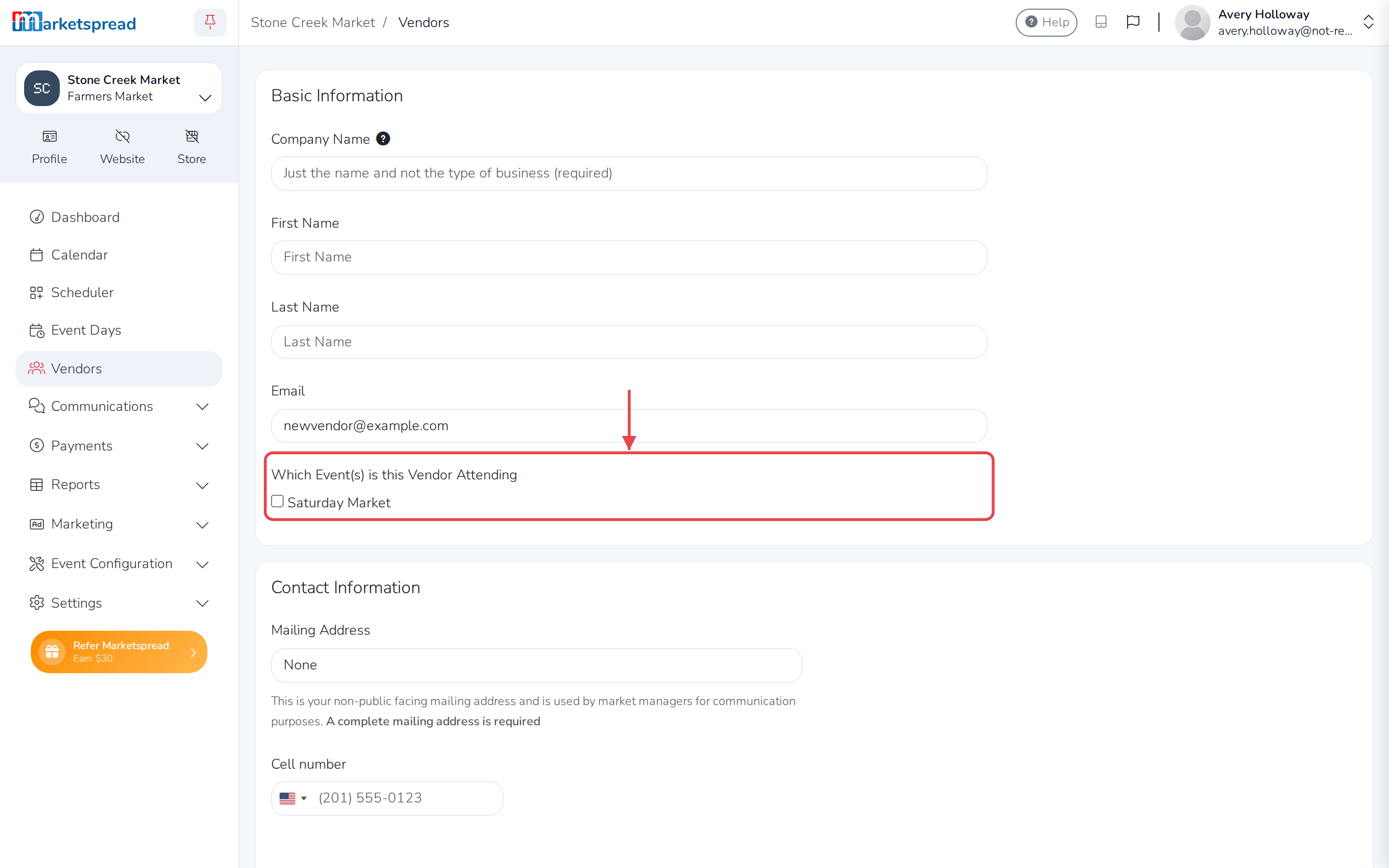 The create-vendor form scrolled to Which Event(s) is this Vendor Attending, with the event to approve them into