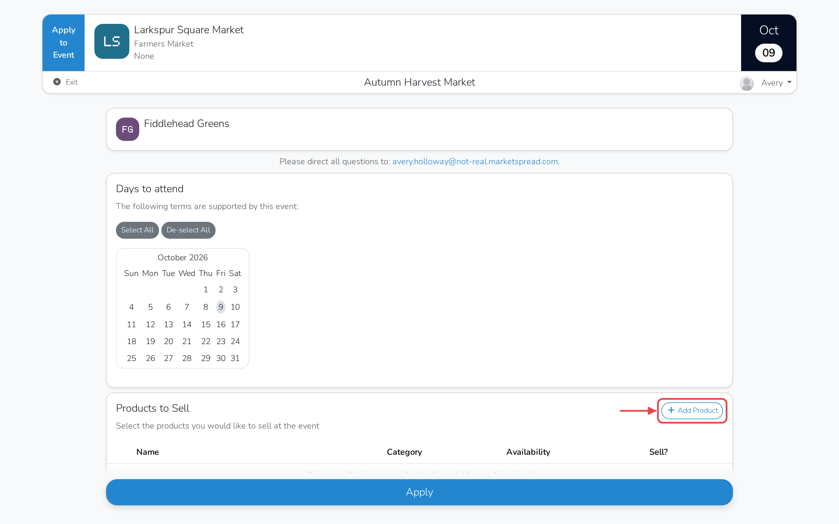 The Products to Sell section on a new application, with no products yet and Add Product to start one