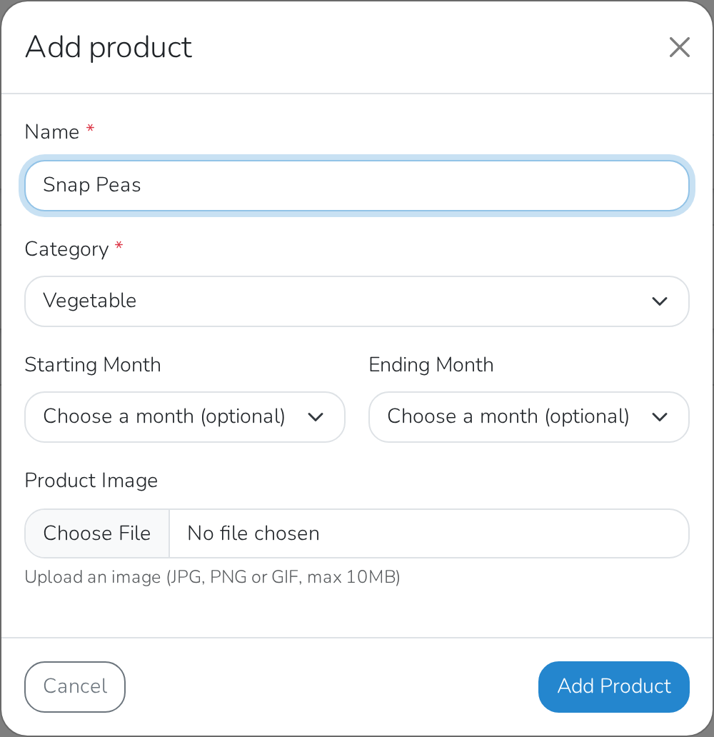 The Add product form, filled in with a name and a category