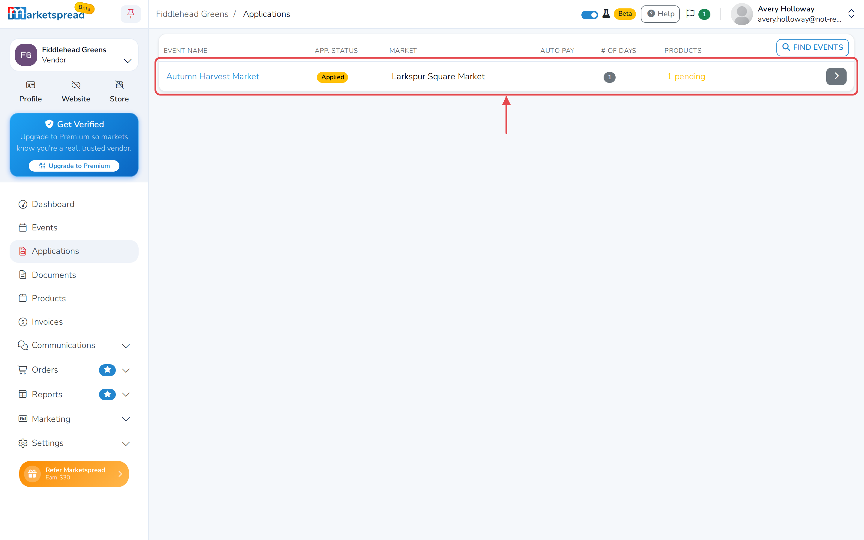 The Applications list, with the Products column showing the new application as 1 pending