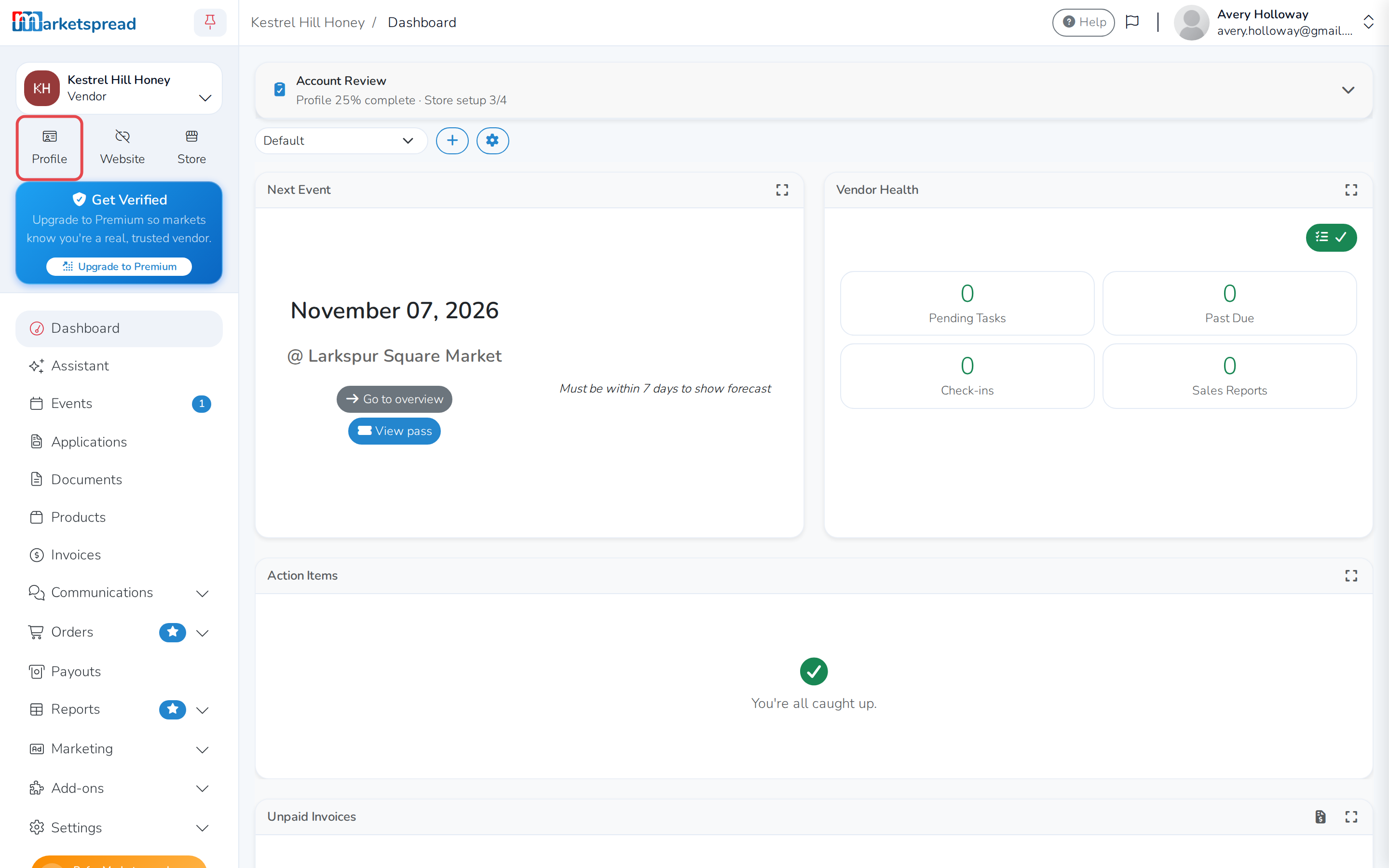 The vendor dashboard, with the Profile link below the vendor name