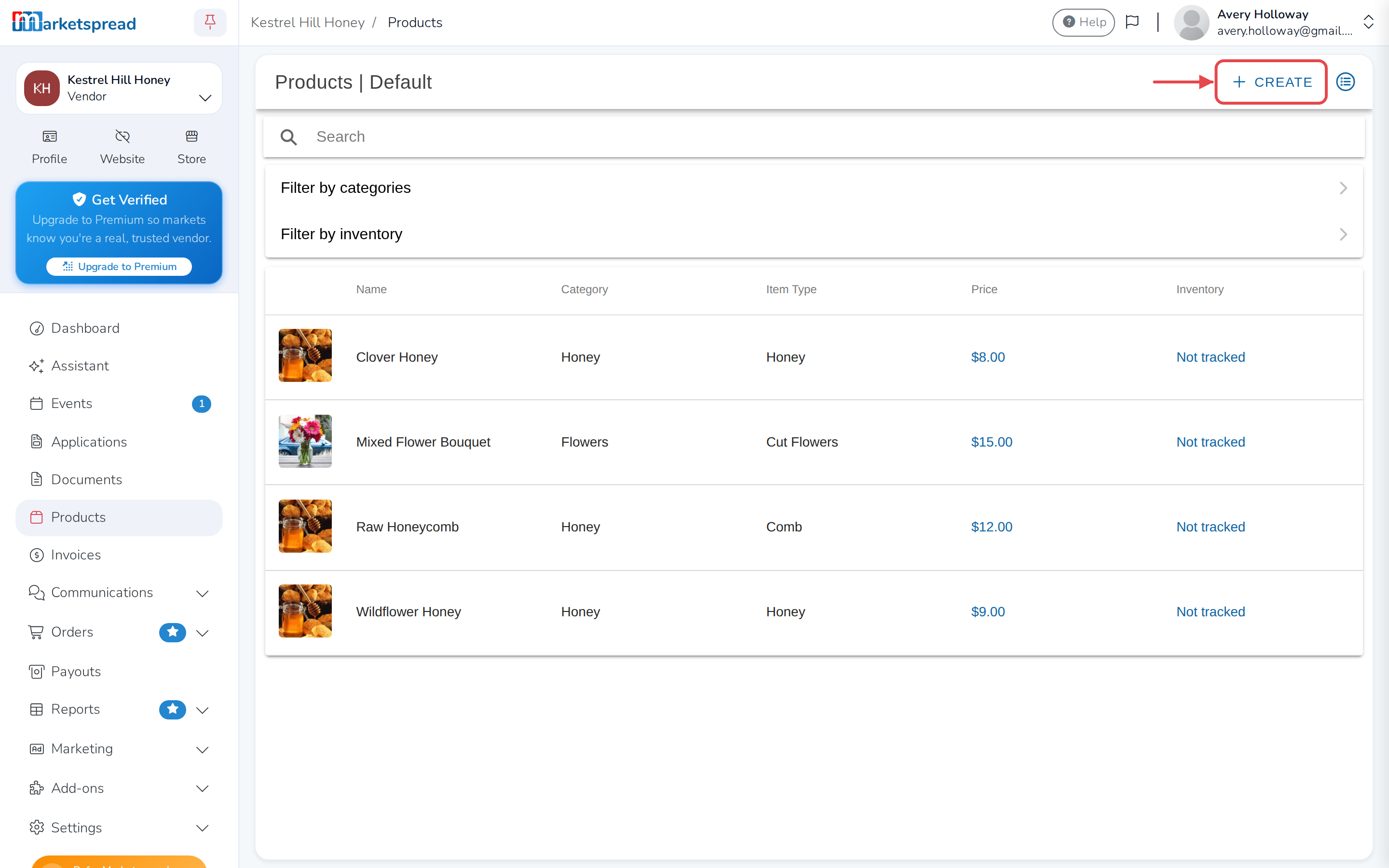 The Products page, with Create in the top-right corner