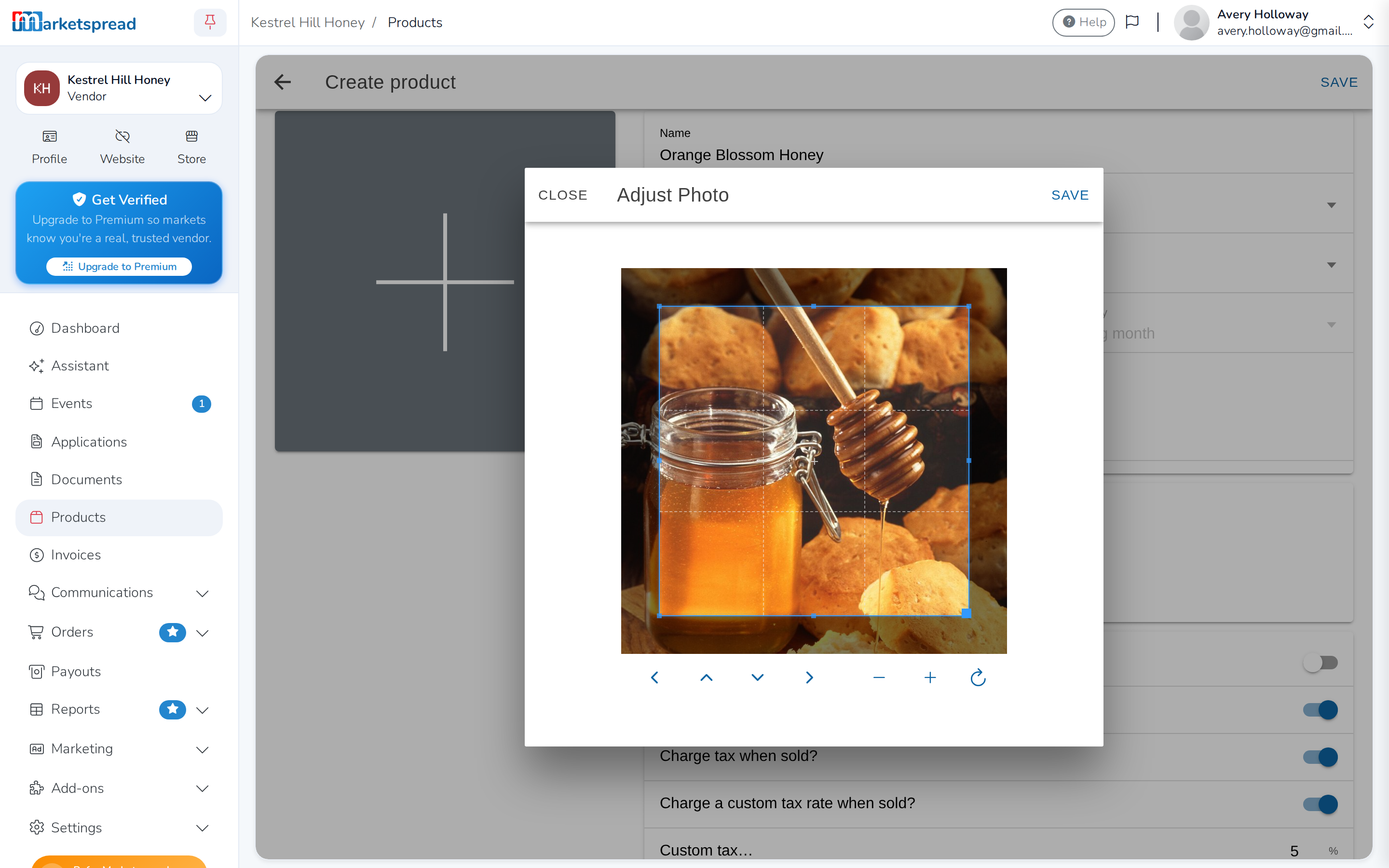 The photo upload window, with the crop tool