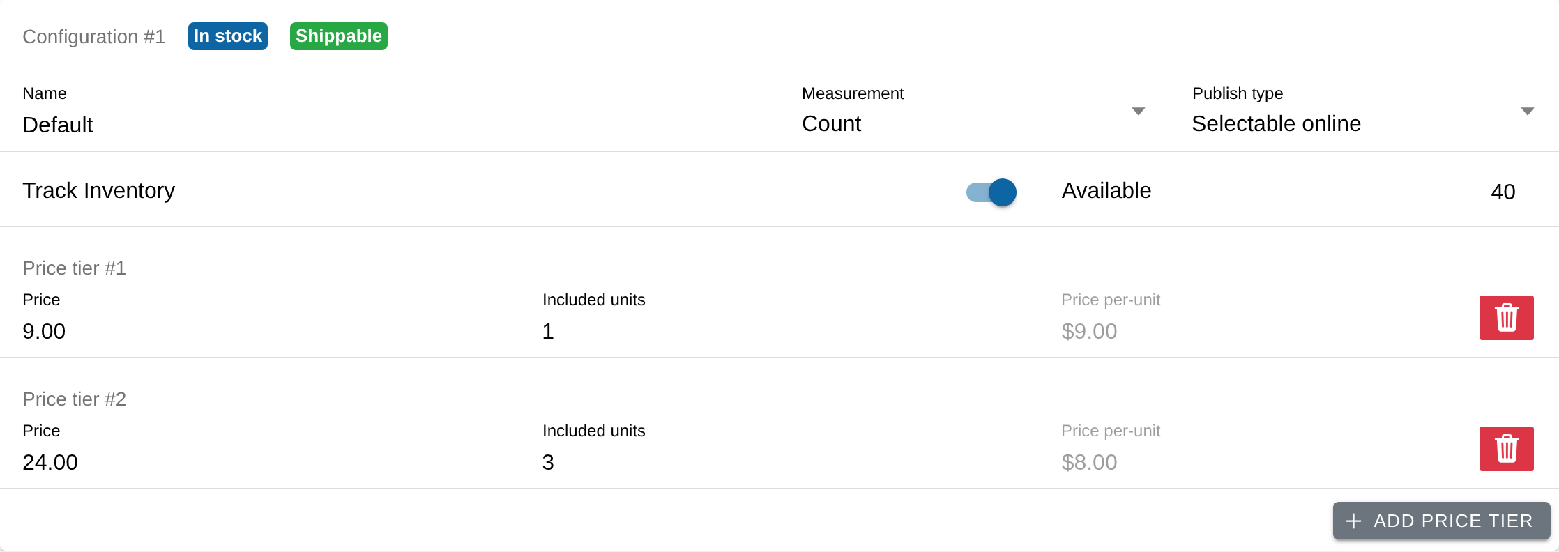 The Inventory & Price tab, with the Shippable badge
