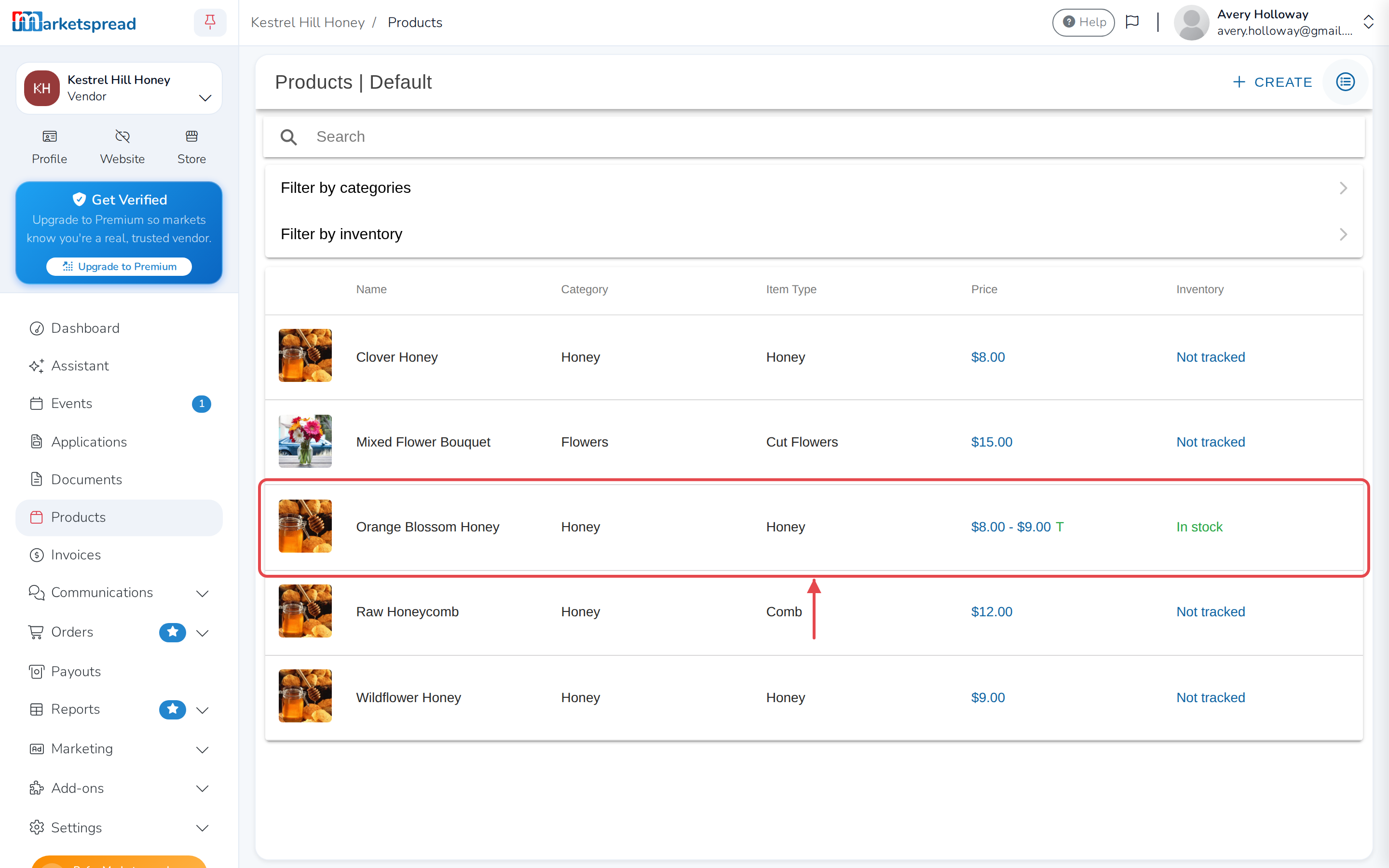 The Products list, with the new product in it