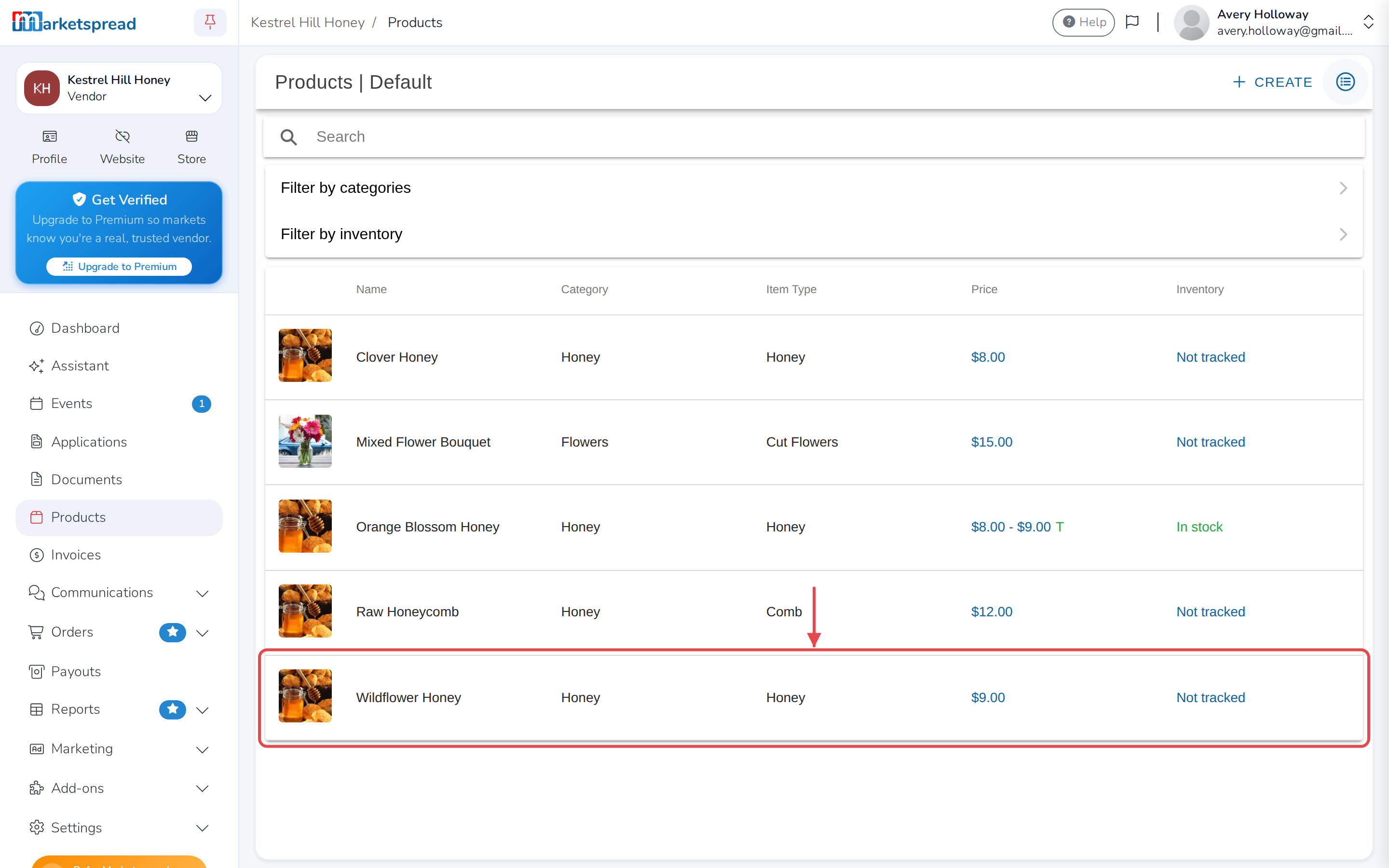 The Products page, with the products the vendor sells