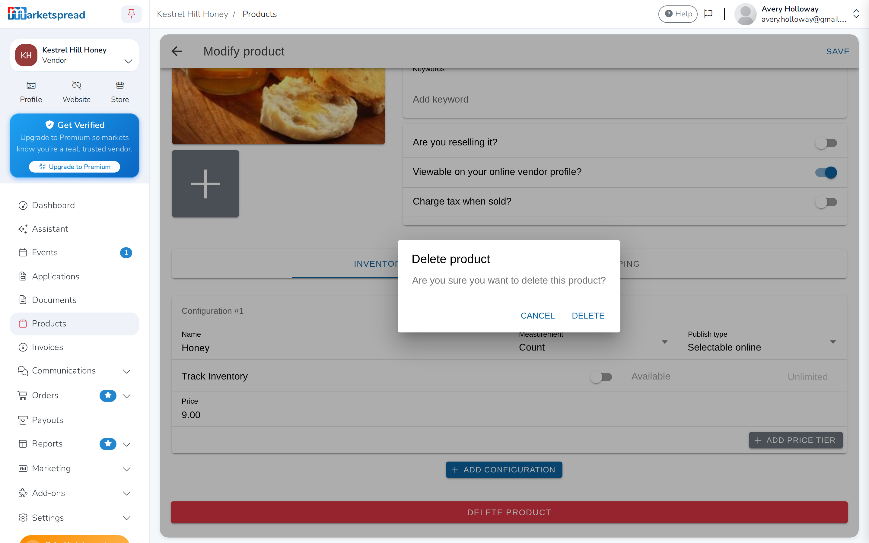 The confirmation before a product is actually deleted