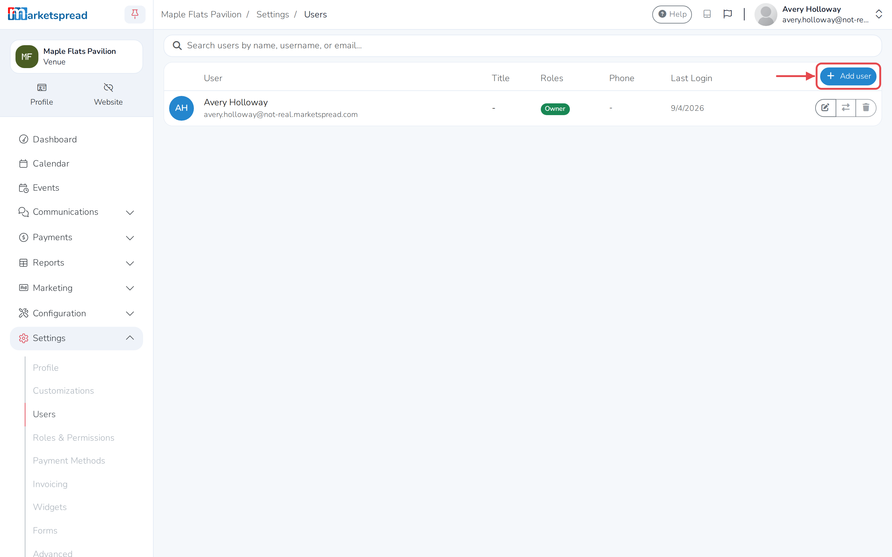 The venue's Users page, with Add user
