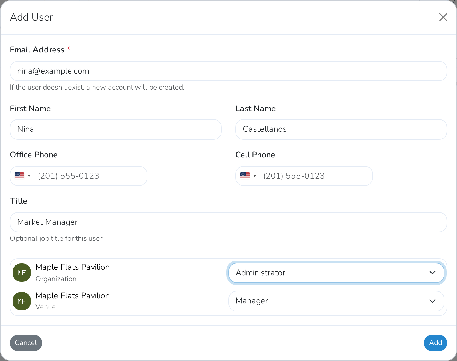 The Add User form, with a role chosen for Venue and Organization