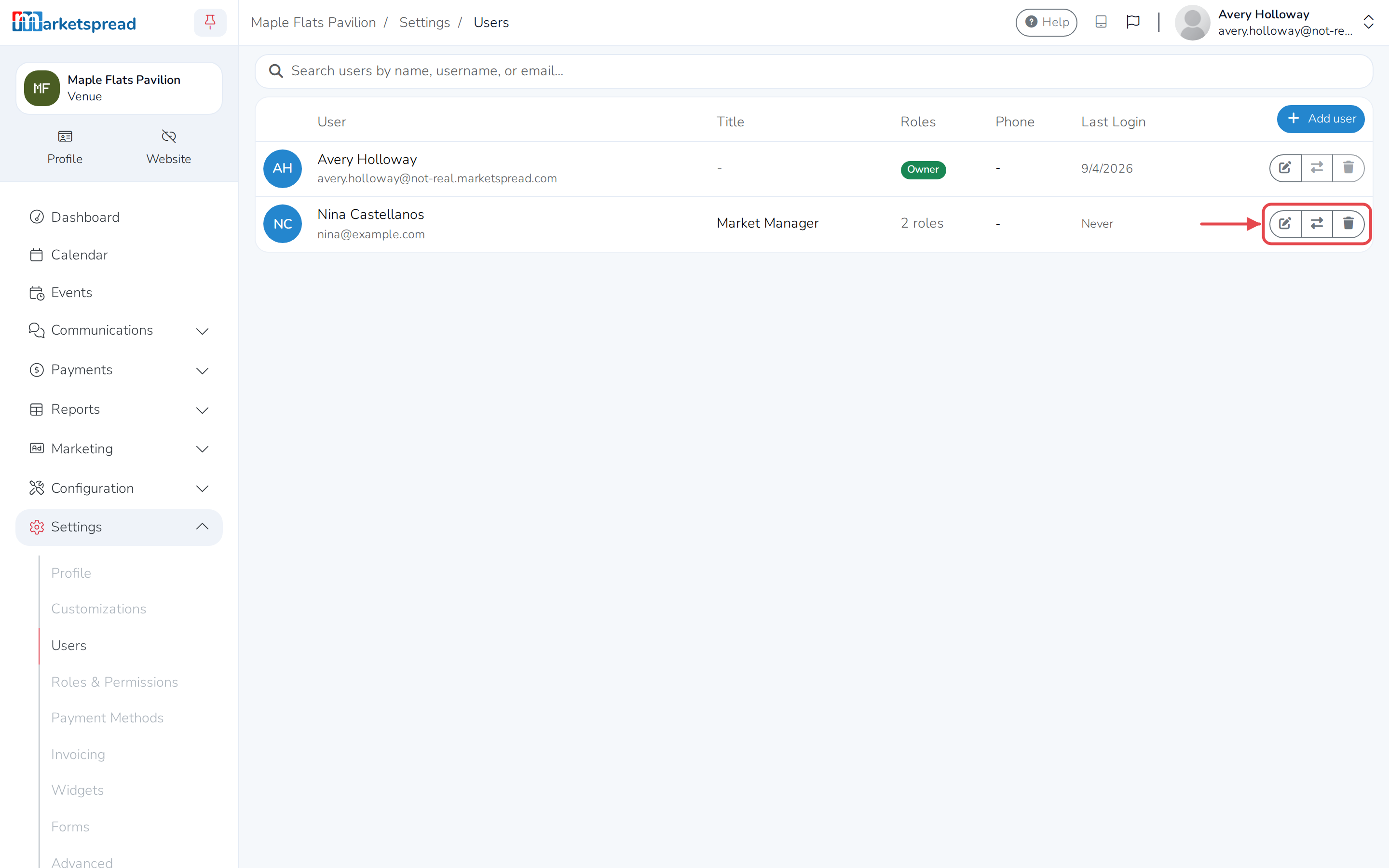 The new user in the list, with its edit, transfer and remove icons