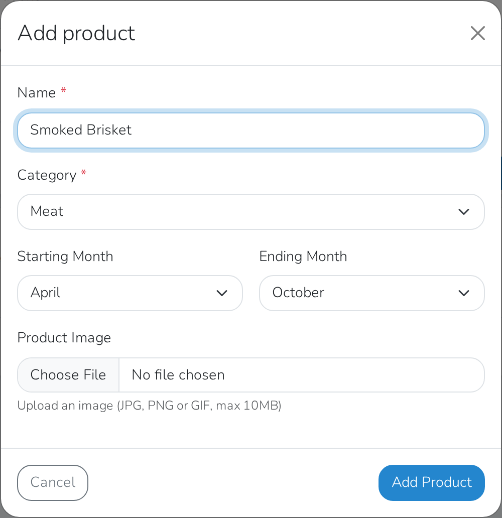 The Add product window, filled in and ready to add