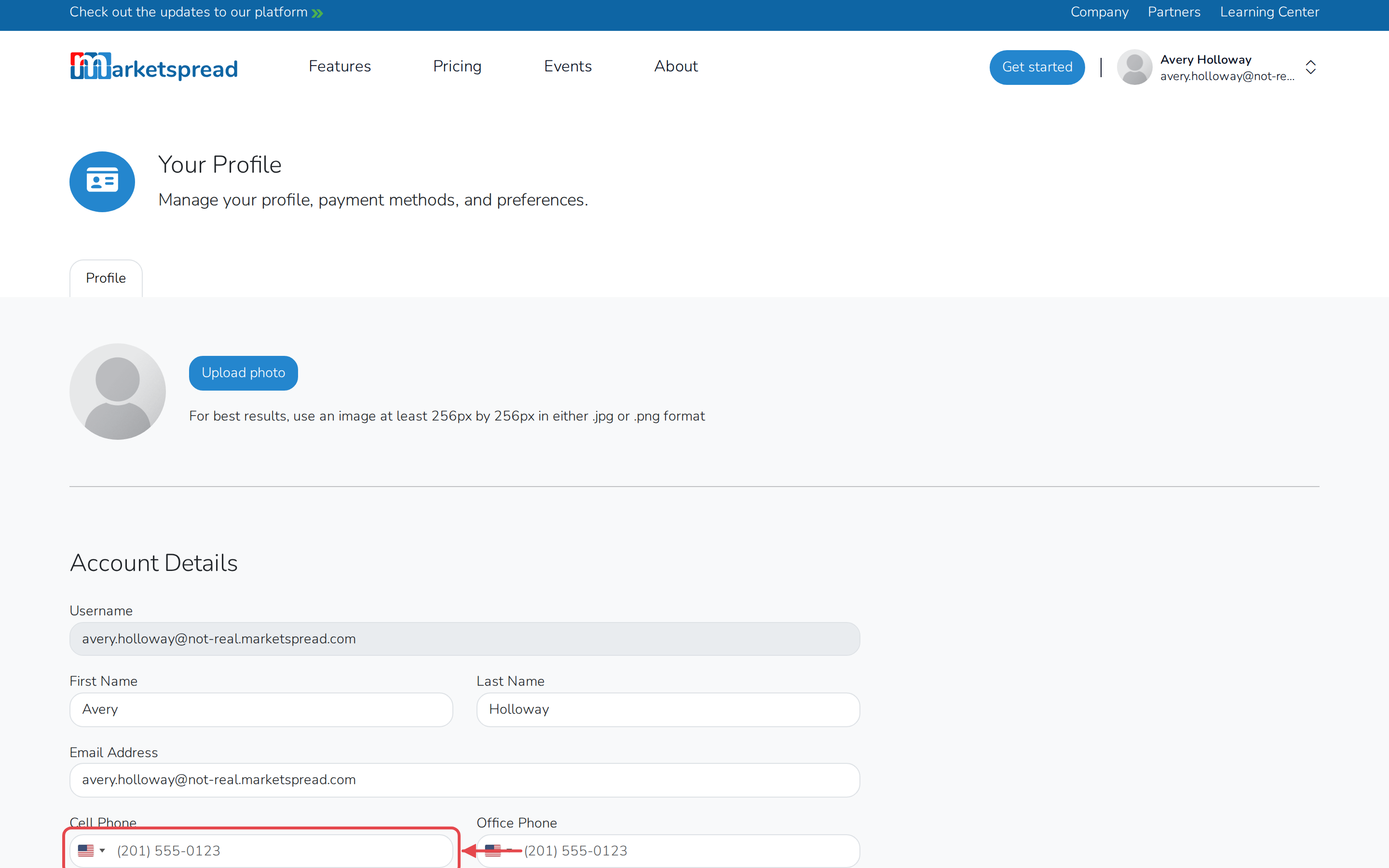 The Account Details section, with the Cell Phone field