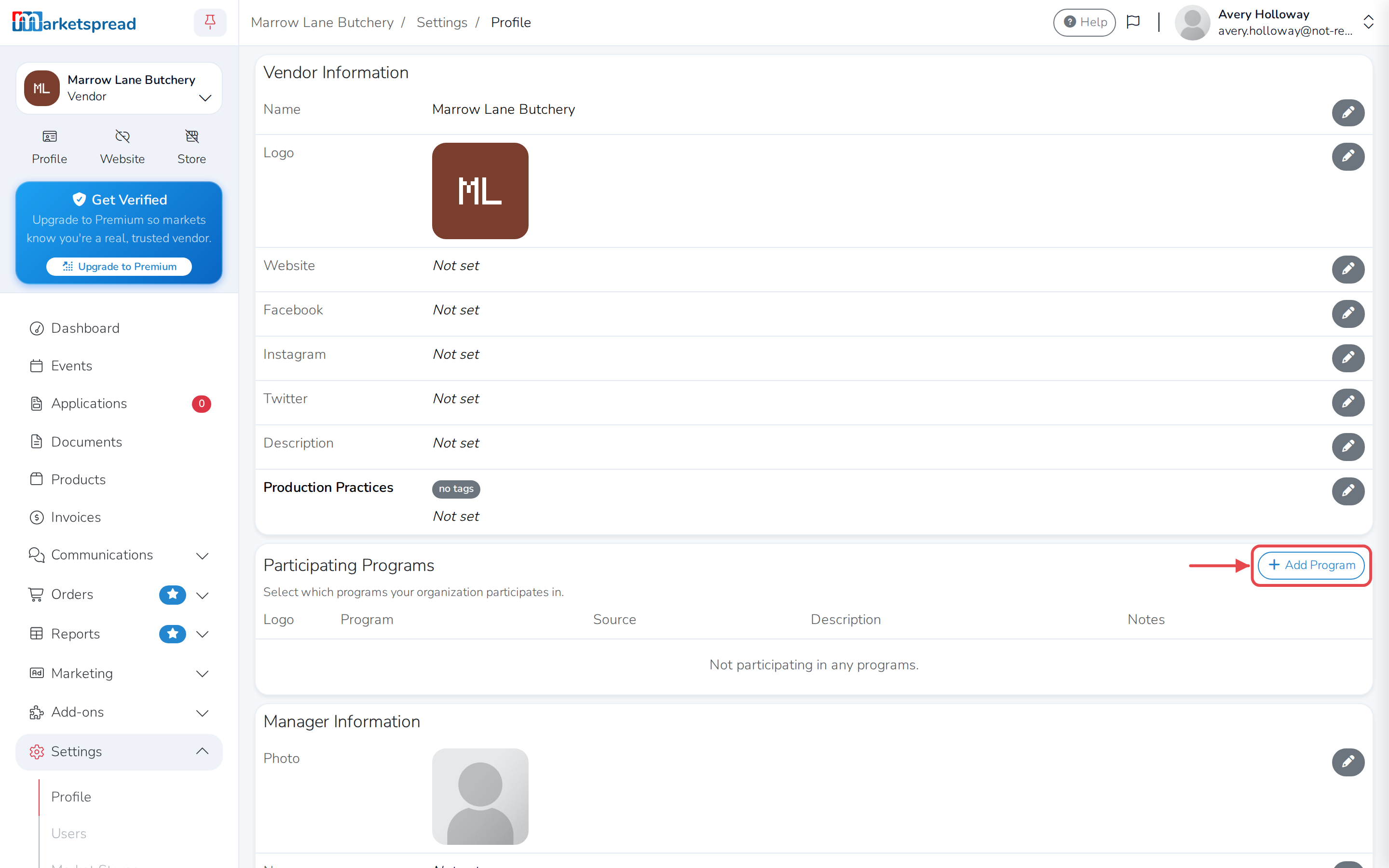 The vendor's Profile settings, scrolled to Participating Programs, with the Add Program button highlighted