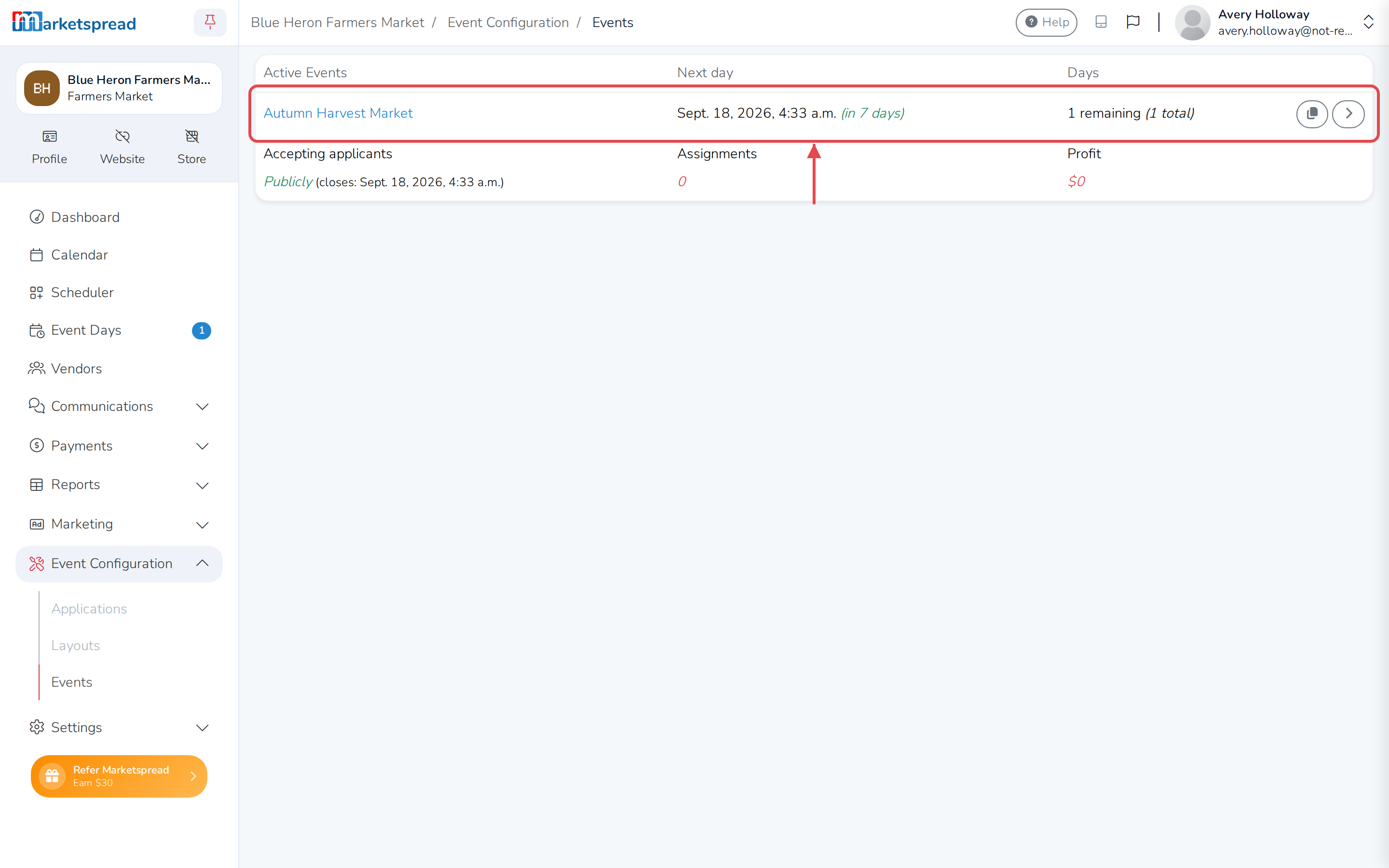 The Events list, with Autumn Harvest Market — click its name, or the arrow on the right, to open it