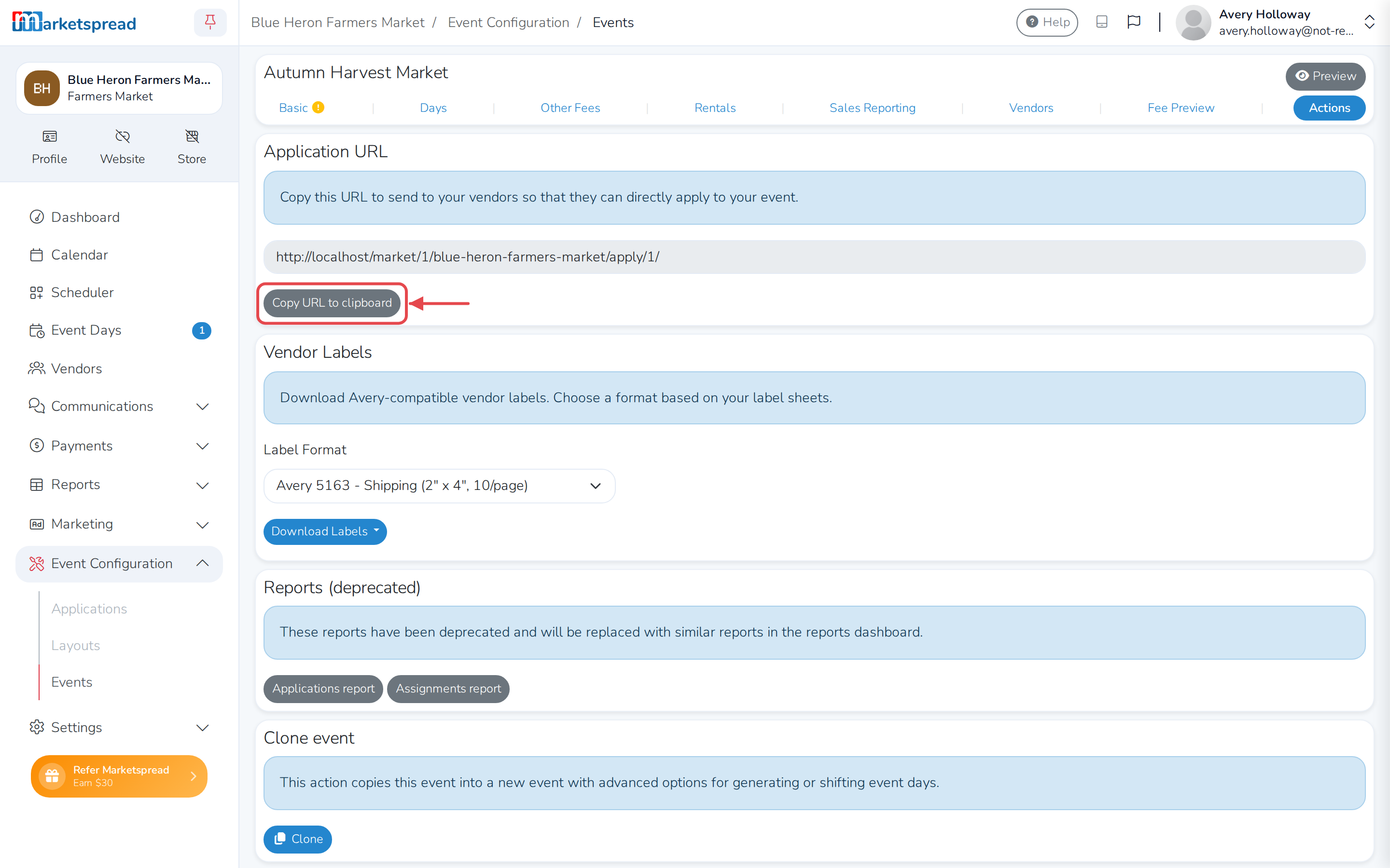 The Actions tab, with the Application URL card and its Copy URL to clipboard button