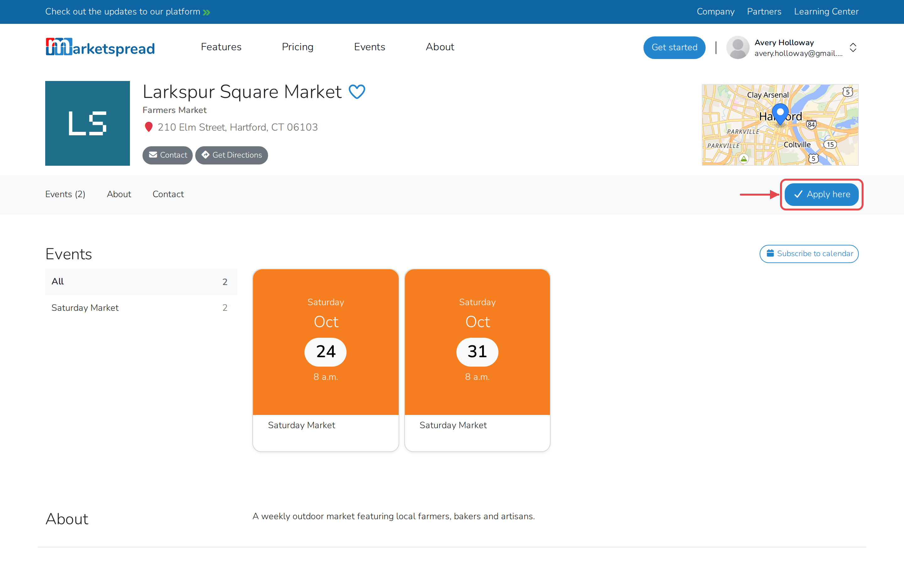 The market's profile, with the Apply here button