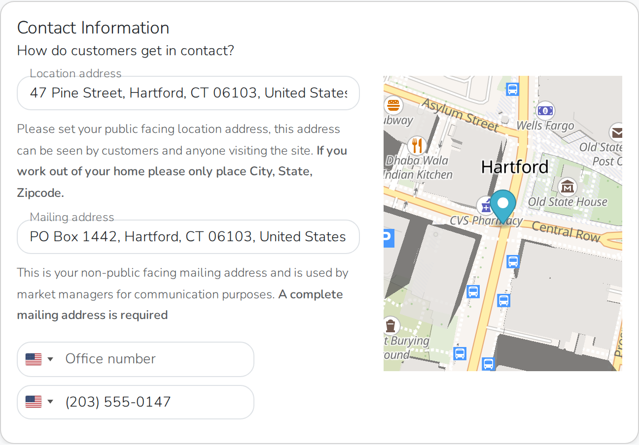 The Contact Information card, with the location address, mailing address and a phone number