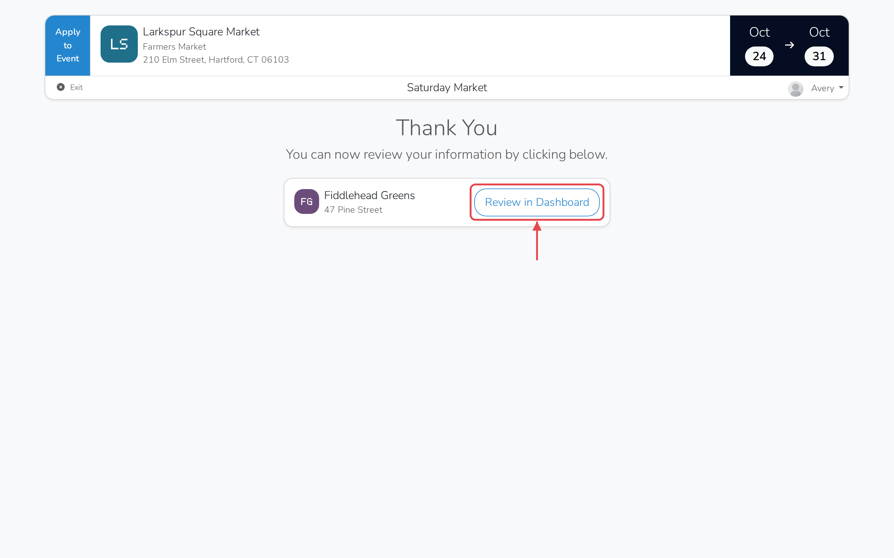 The thank-you page, with a link to review the application from the vendor dashboard