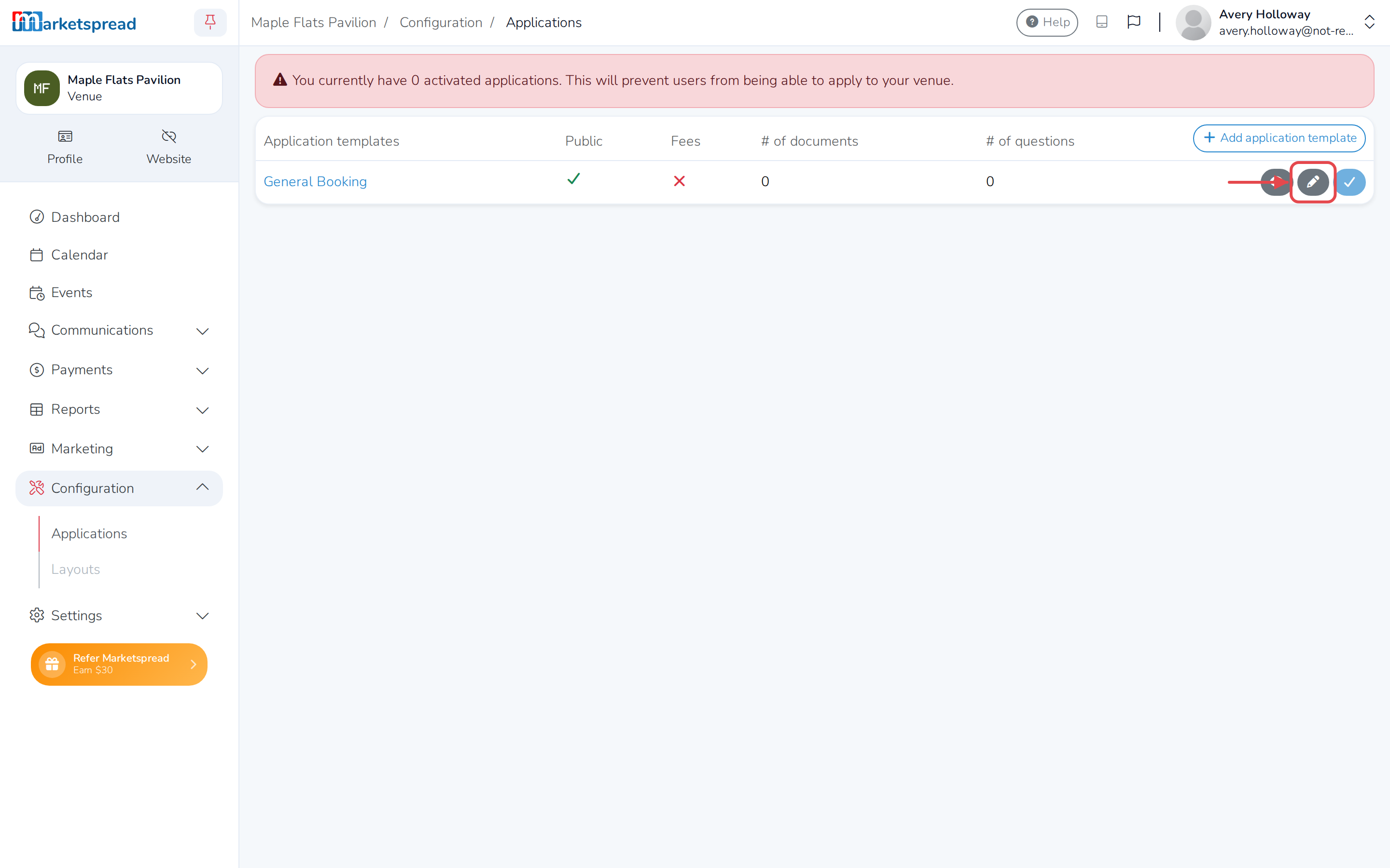 The Applications page, with the pencil icon to edit the application
