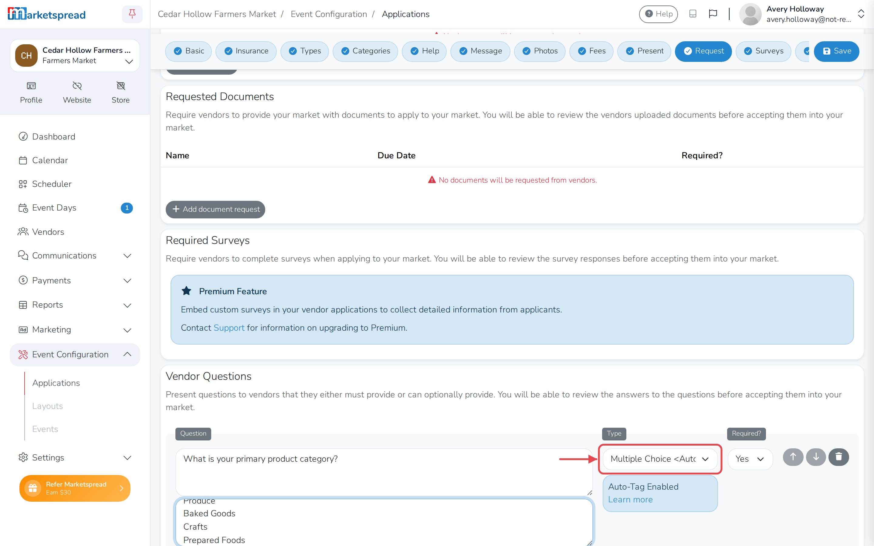 An application question set to Multiple Choice , with its choices and the Auto-Tag Enabled notice