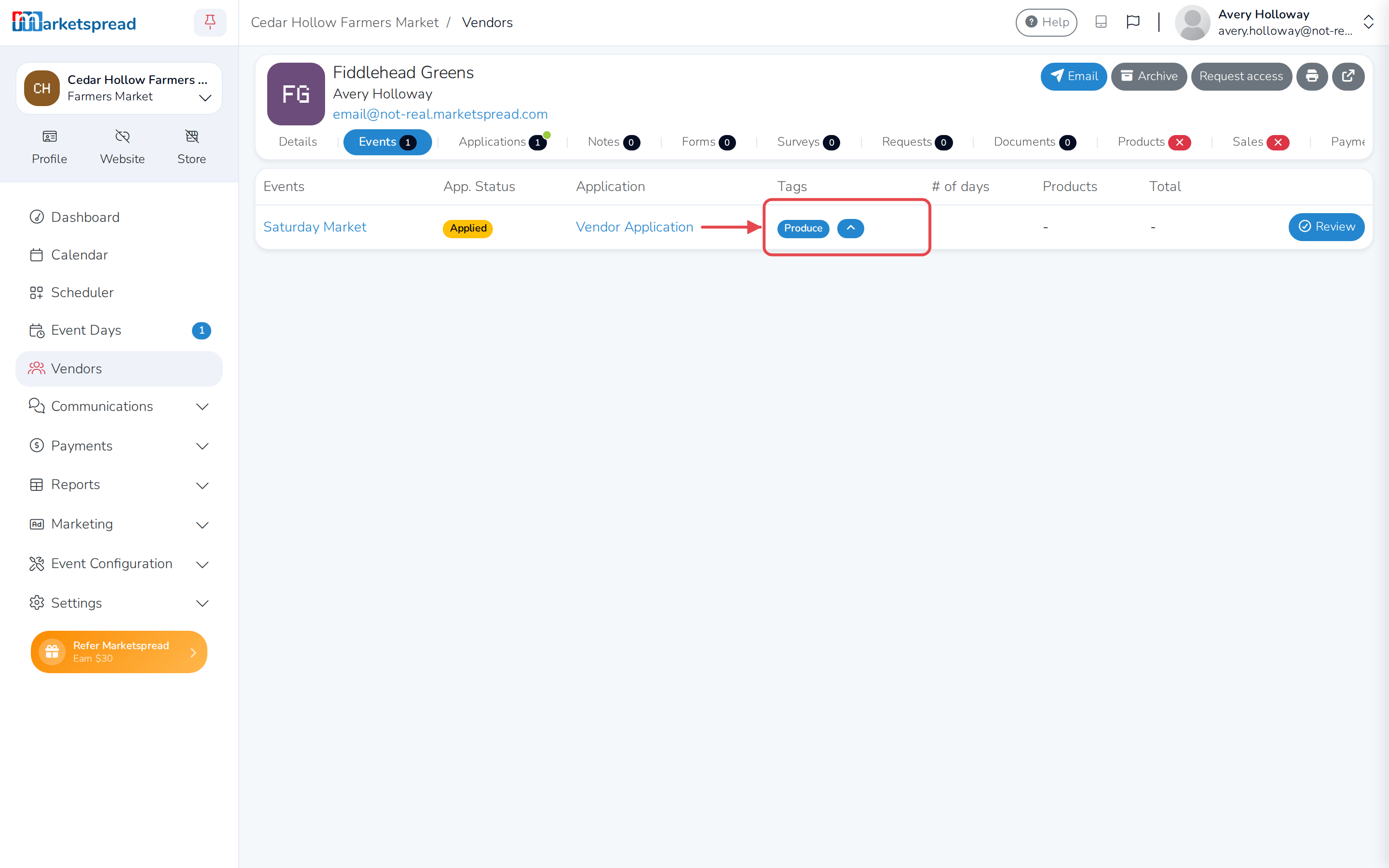 The Events tab, with the Produce tag added automatically and its promote control