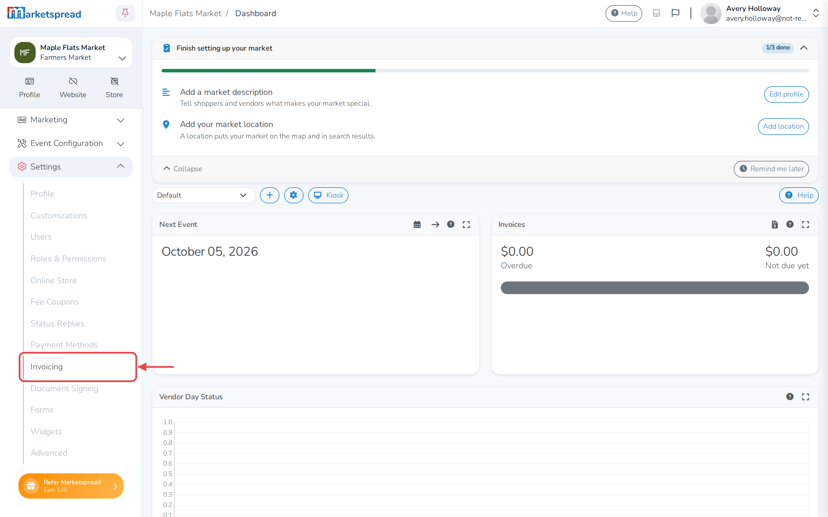 The Settings menu, open to Invoicing
