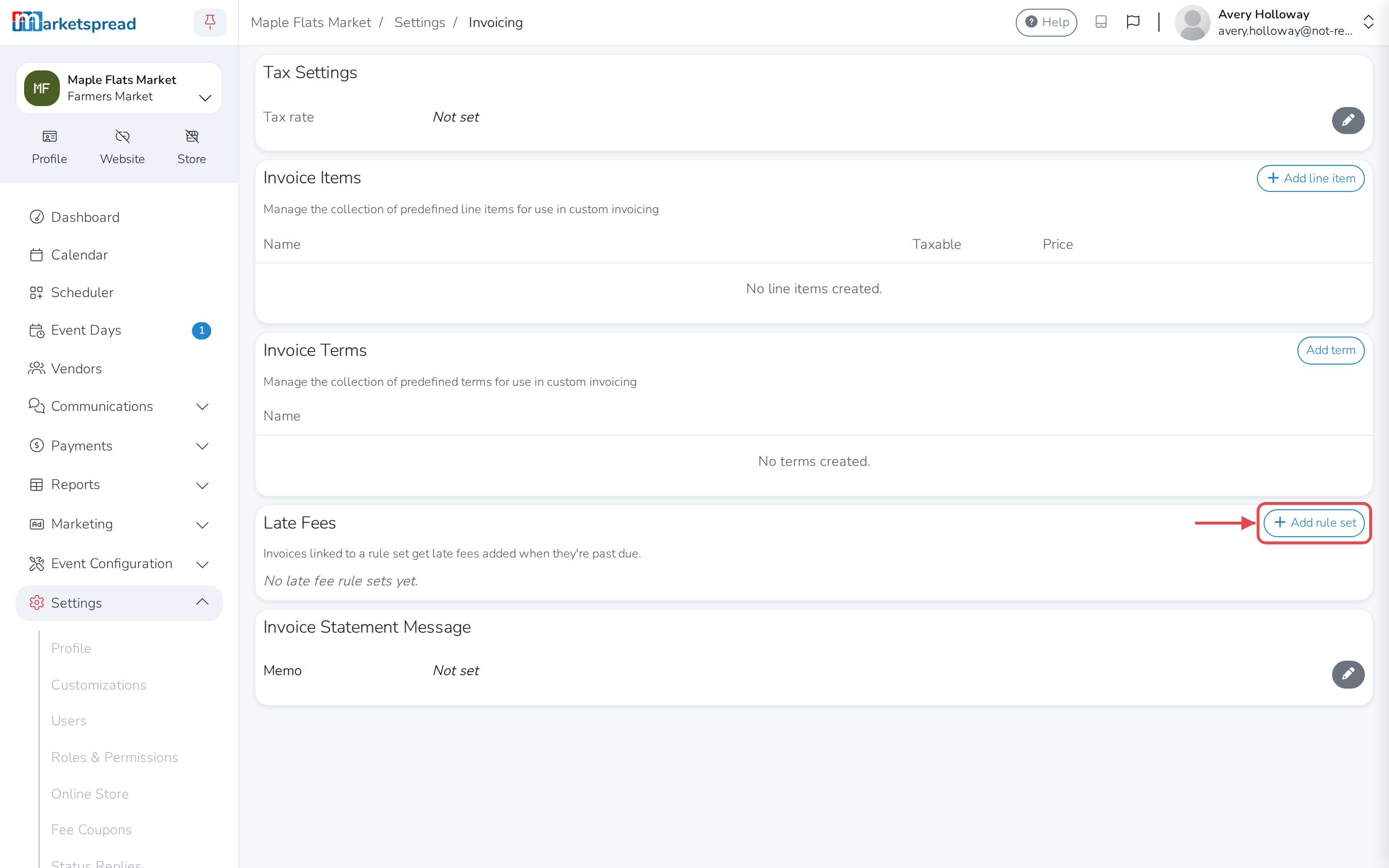 The Invoicing page, with Add rule set in the Late Fees card