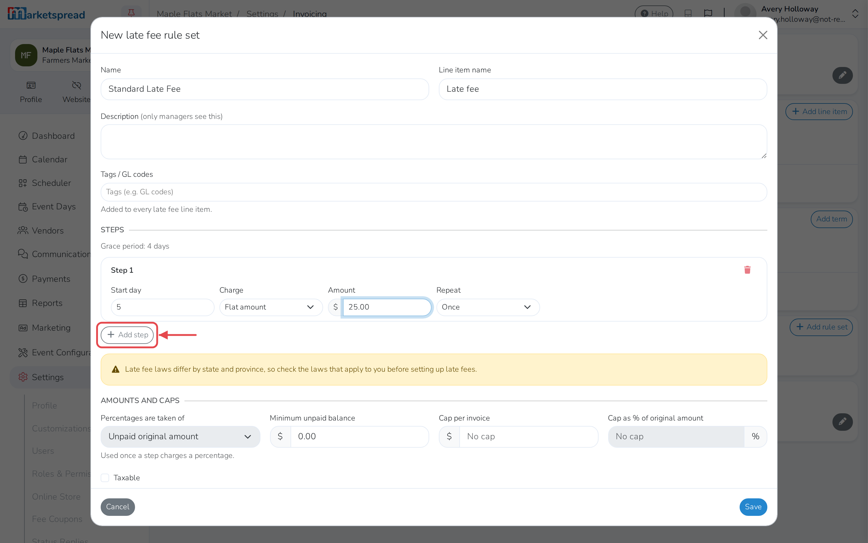 The new rule set form, with the first fee filled in and Add step to add another
