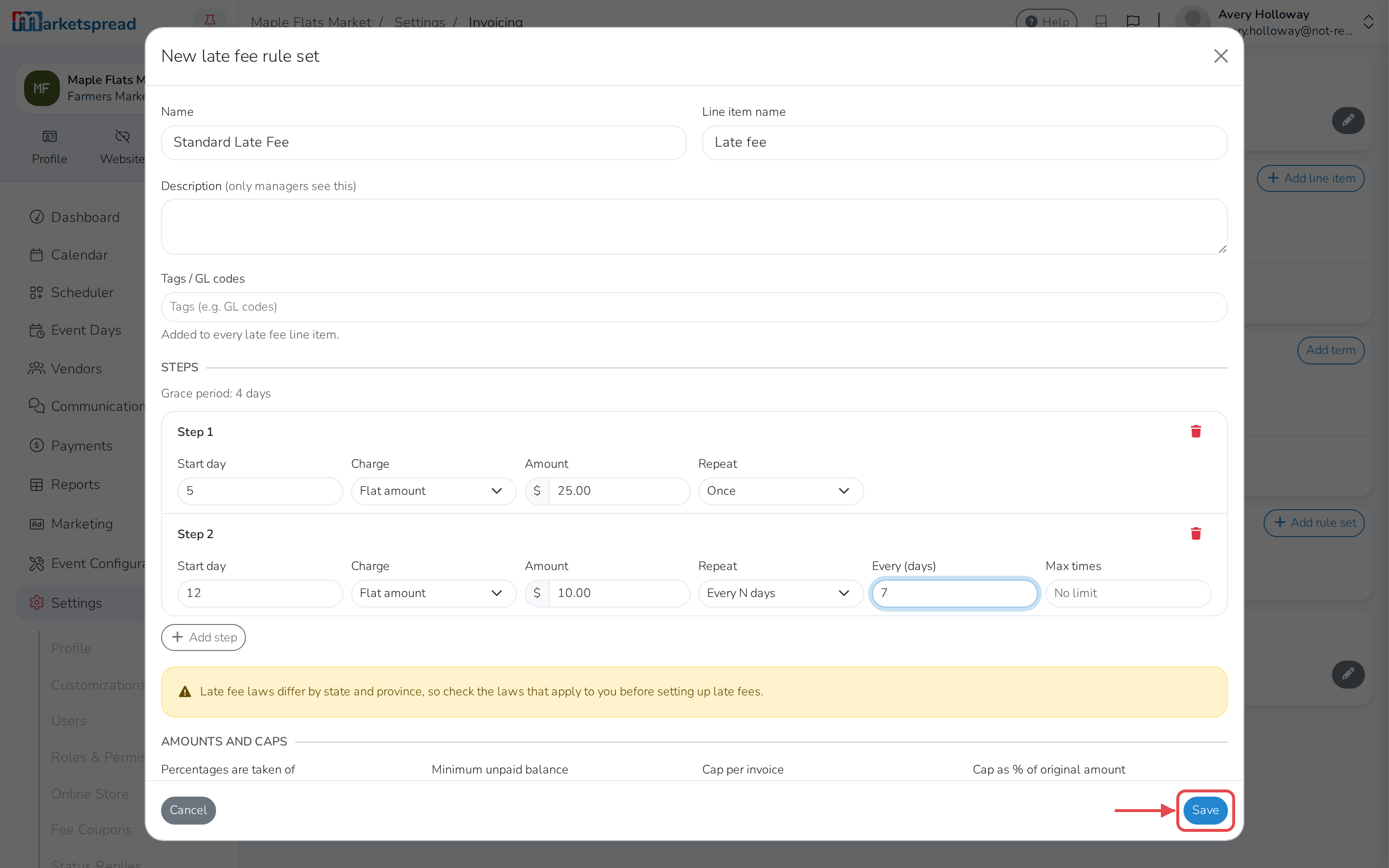 The second step repeating every 7 days, with Save ready