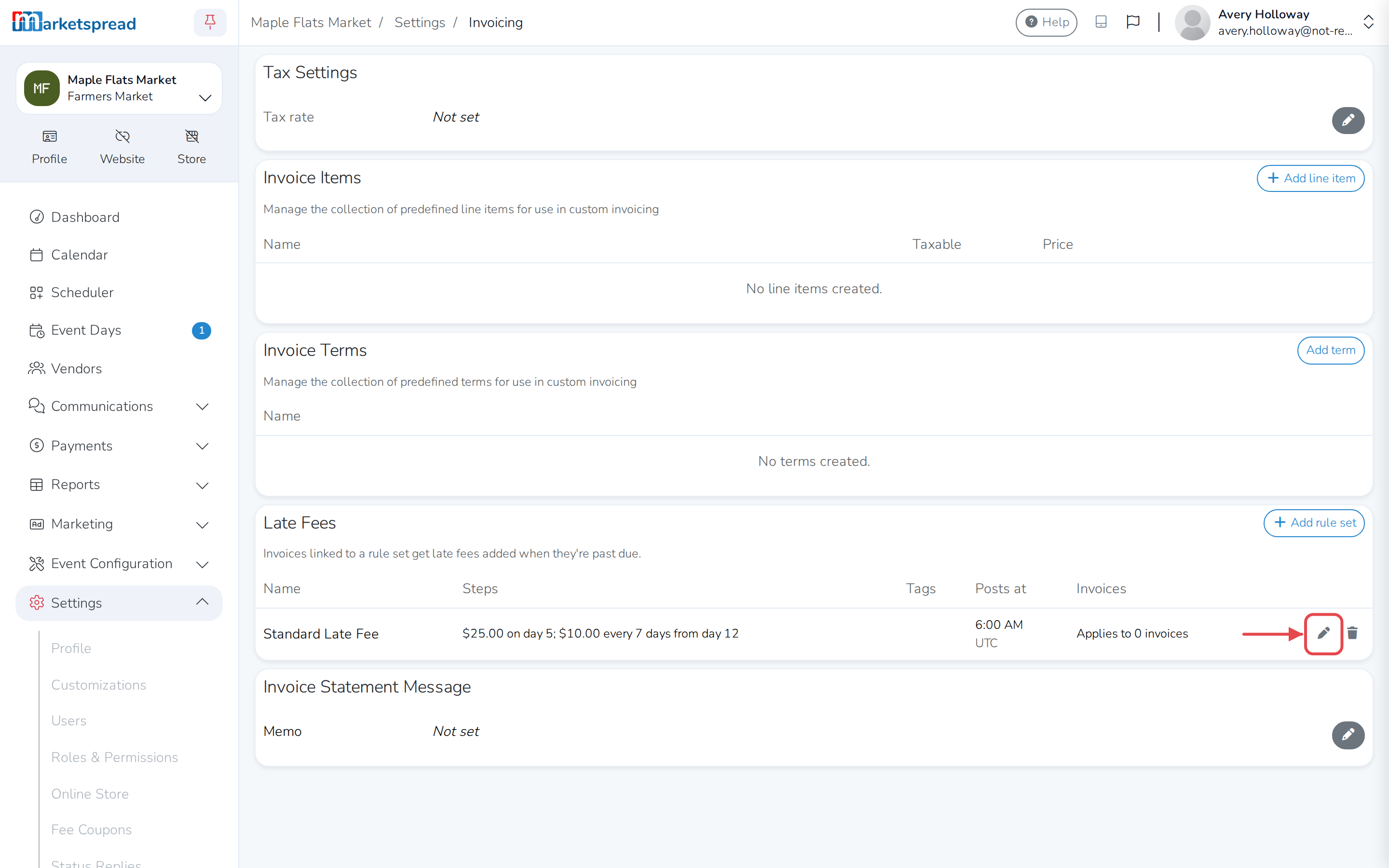 The new rule set in the Late Fees list, with Edit and Delete for it