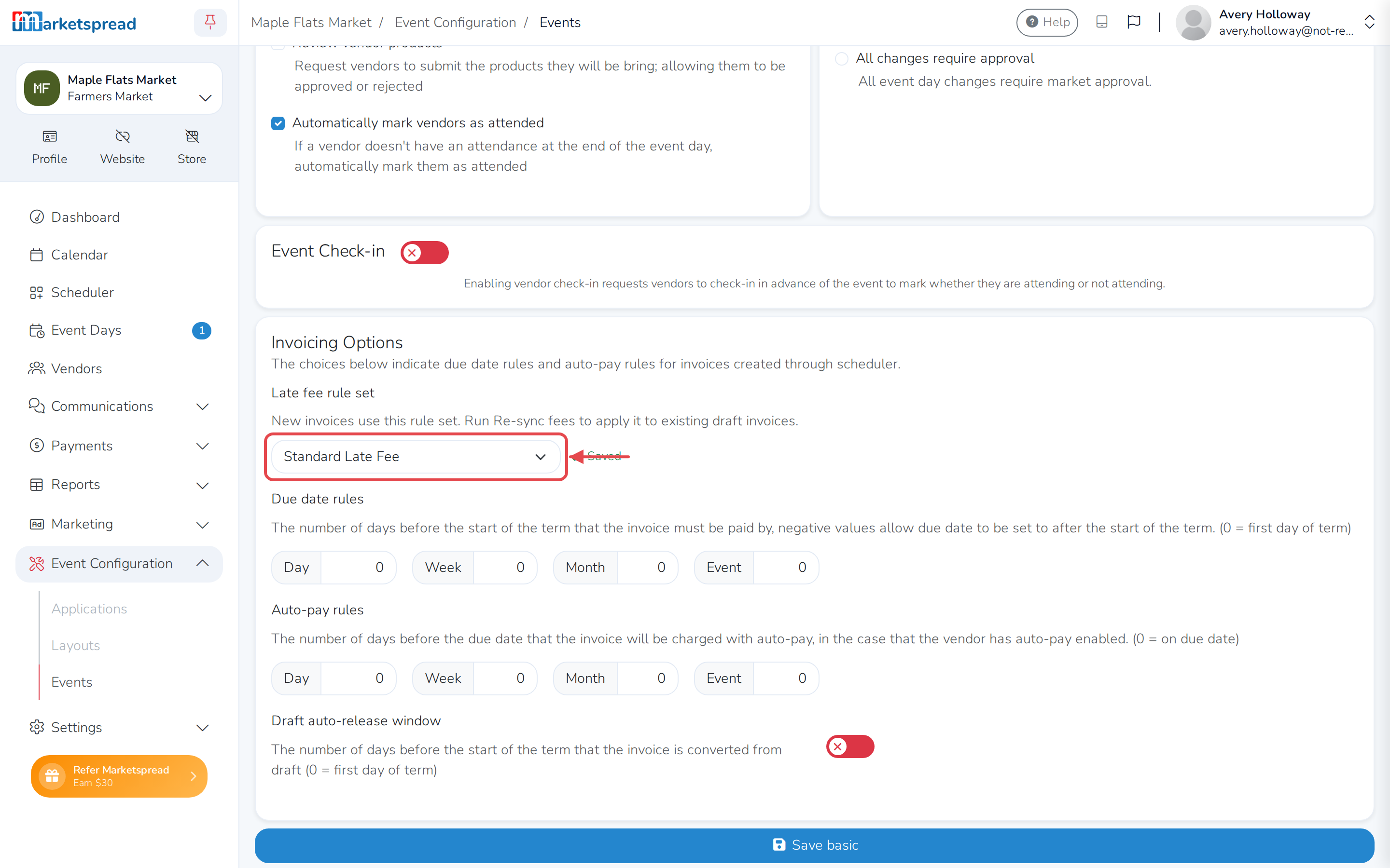 Invoicing Options, with the Late fee rule set dropdown set and saved